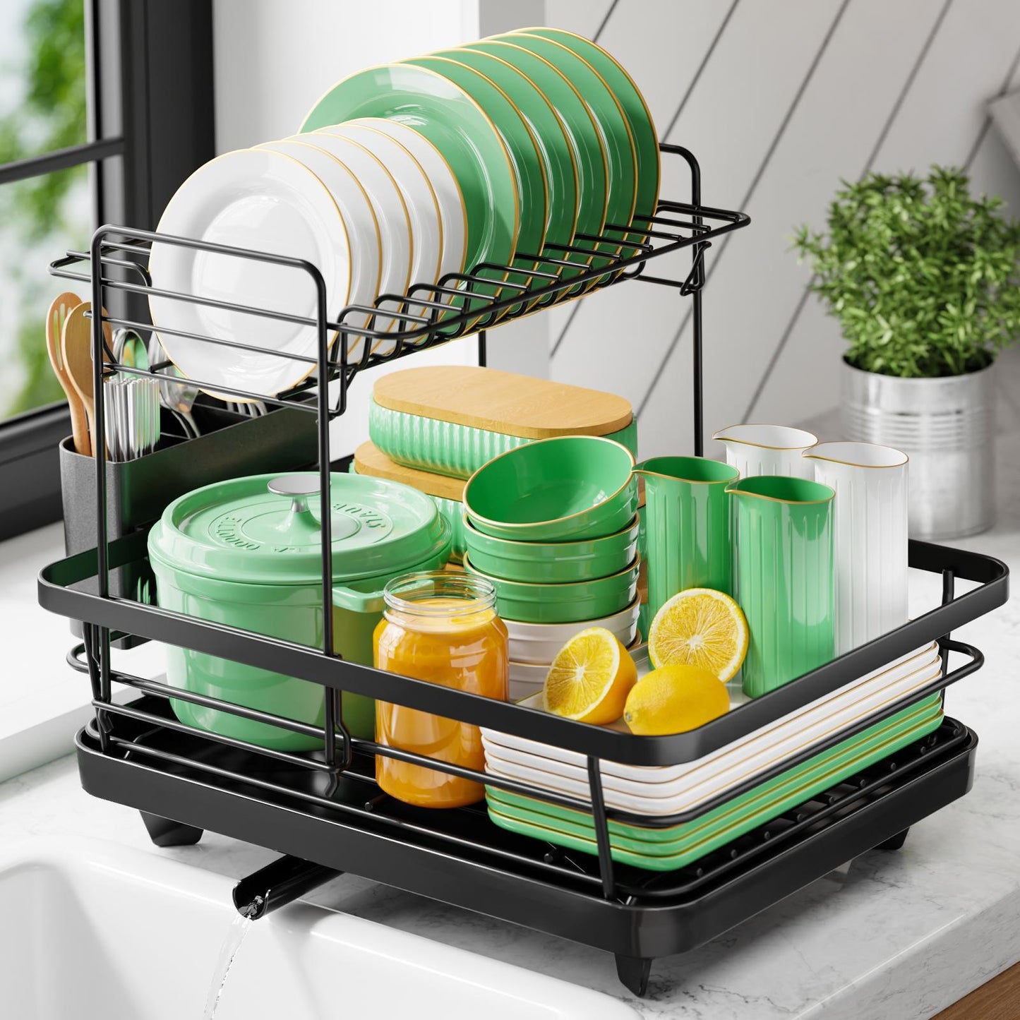 Kitsure Dish Drying Rack for Kitchen Counter, Stainless Steel Sink Organization and Storage Essentials with Cutlery Holder, Home and Appartment Decor, 12''W x 15.5''L, Black