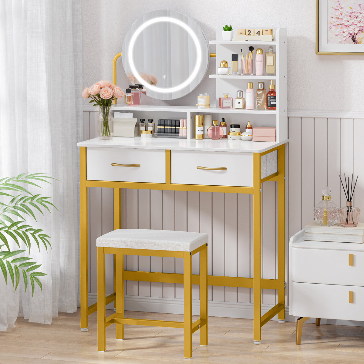 Kitsure Vanity Desk with Mirror and Lights - 3 Mode Lighted Makeup Vanity for Girls, Anti-Tipping Small Vanity with Chair for Bedrooms, Dressing Rooms, Walk-In Closet, Gold, 31.5" x 17.7" x 50.6