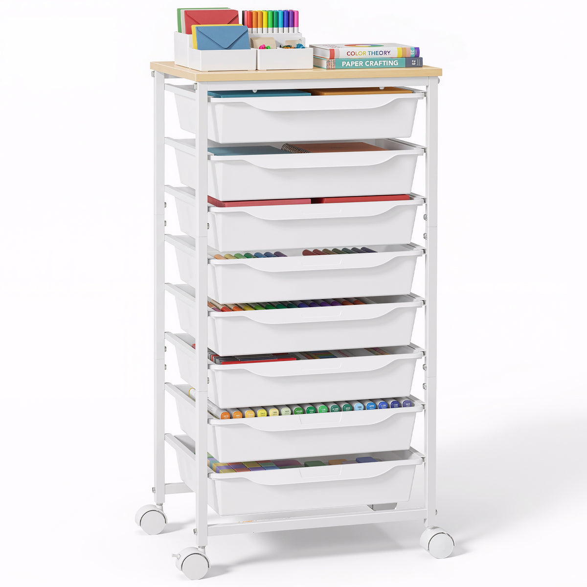 Kitsure Rolling Cart with Drawers, 8 Drawer Storage Cart with Wooden Top, Labels Included, Locking Wheels for Craft Organizers and Storage, Classroom Storage, 30.3"H, White