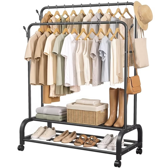 Kitsure Rolling Clothes Rack with Double Rods and 2-Tier Storage Shelves, Wide Garment Rack with Wheels for Bedroom, Closet and Laundry Room