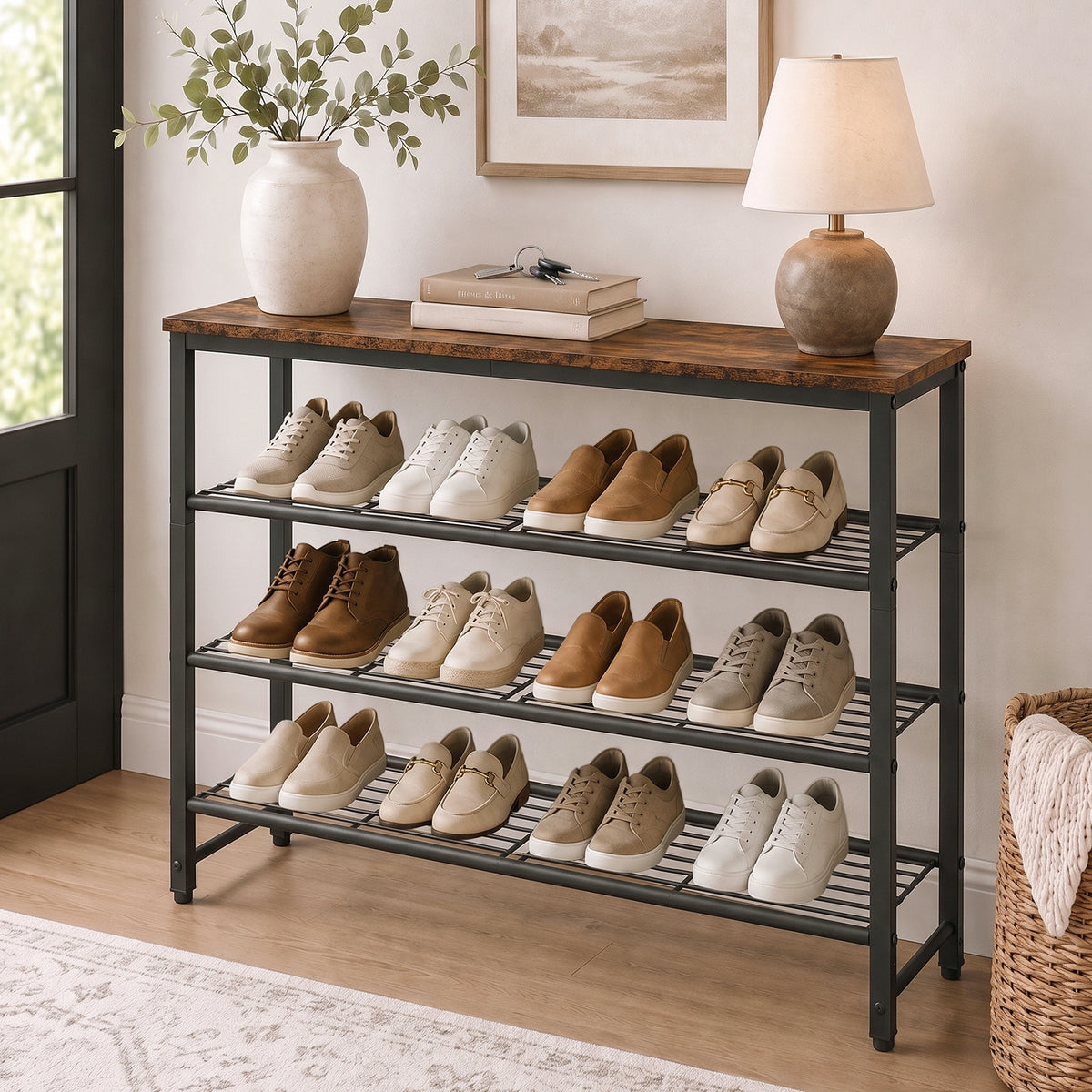 Kitsure 4-Tier Metal Shoe Rack with Wooden Top, Sturdy Shoe Organizer for Entryway, Bedroom, Closet, 29.0" x 11.4" x 24.8", Rustic Brown