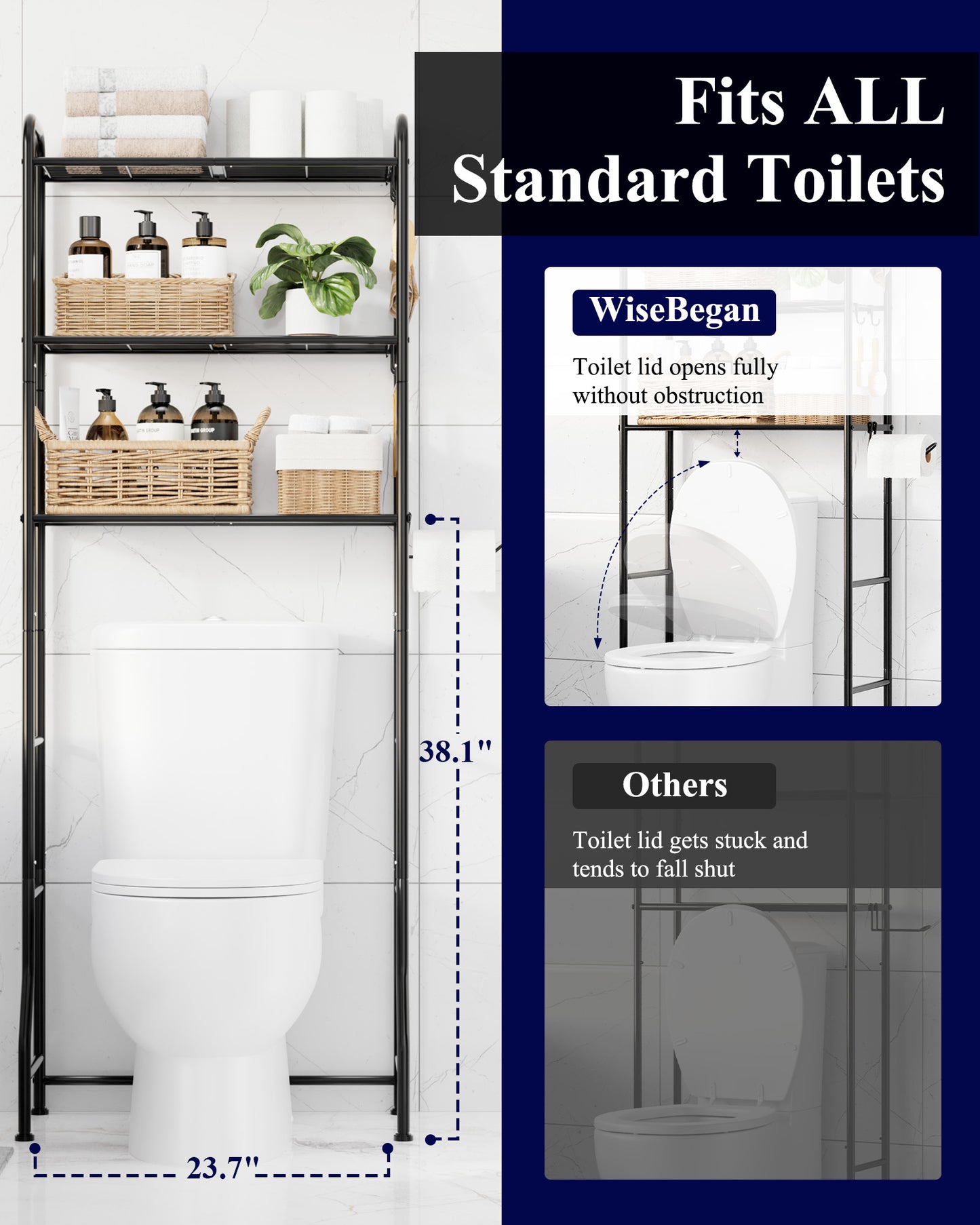 Kitsure Over Toilet Storage Rack - 3-Tier Bathroom Storage Cabinet with Paper Holder and Hooks, Metal Over Toilet Bathroom Organizer Shelf, 24.25" x 12.80" x 63.19"