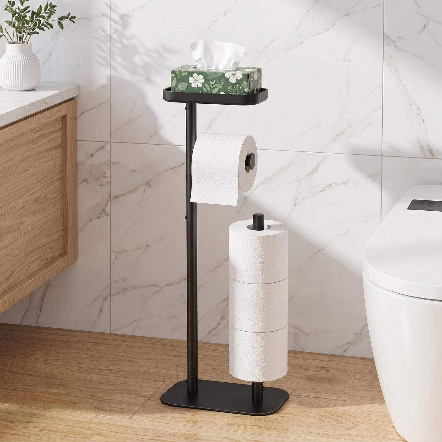 Kitsure Toilet Paper Holder Free-Standing, Black Toilet Paper Holder with Shelf & Padded Bottom, 4 Rolls Storage, 9.3" x 5.9" x 24.3"