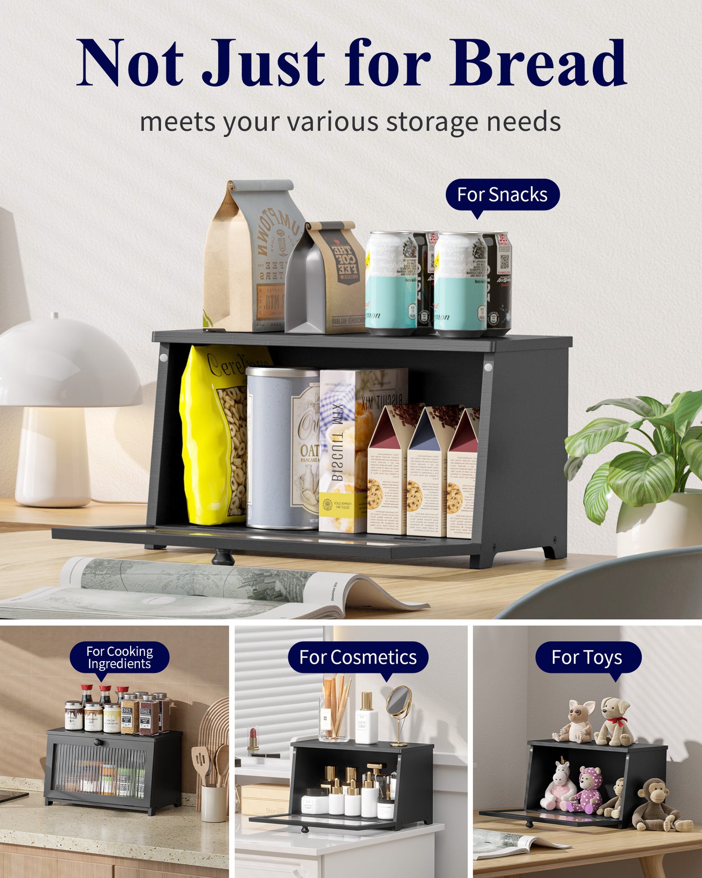 Kitsure Bread Box - Wooden Bread Box for Kitchen Countertop, Large Capacity Kitchen Countertop Organizer, Stylish Bread Storage with Window, Multi-functional Container, Black, 15.0"x8.3"x9.1" (1T)