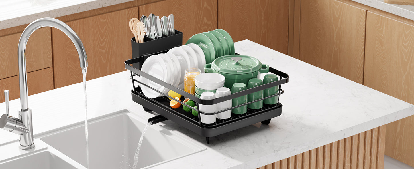Kitsure Dish Drying Rack for Kitchen Counter, Stainless Steel Sink Organization and Storage Essentials with Cutlery Holder, Home and Appartment Decor, 12''W x 15.5''L, Black