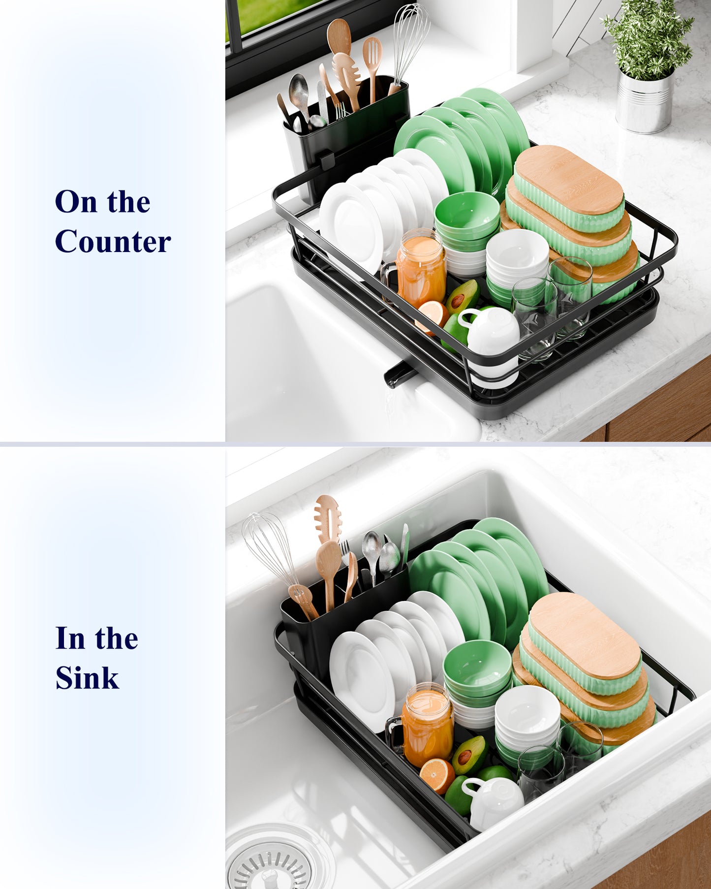 Kitsure Dish Drying Rack - Compact Dish Rack with Utensil Holder & Adjustable Water Outlet, Rust-Proof & Scratch-Resistant Drying Rack for Kitchen, 15.5" x 12.0" x 5.0", Black