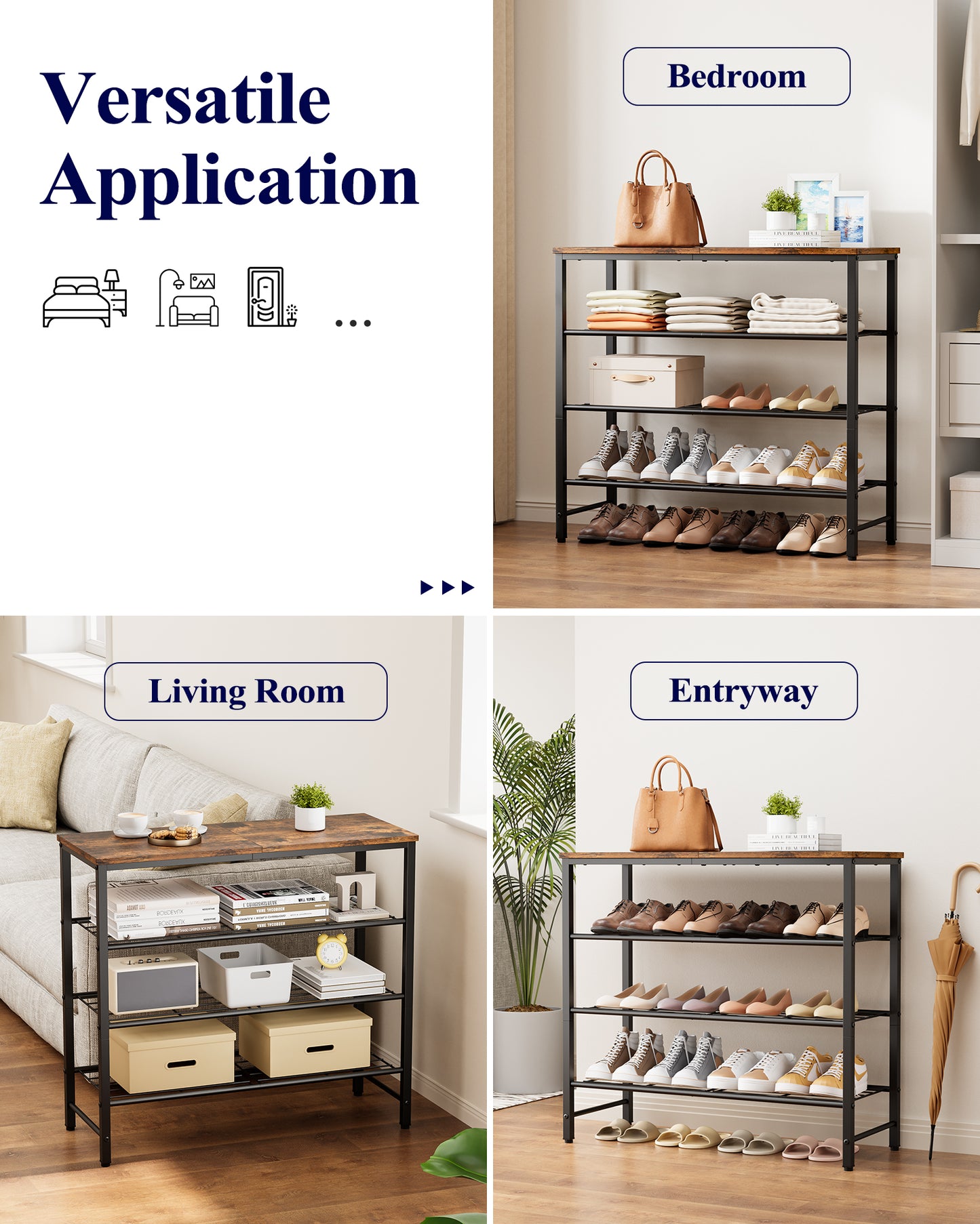 Kitsure Shoe Rack for Closet, Rustic Brown Shoe Organizer with Leveling Feet, Sturdy & Rust-Proof Shoe Storage for Entryway, Bedroom, Living Room, 29.5" x 11.4" x 24.8", Brown