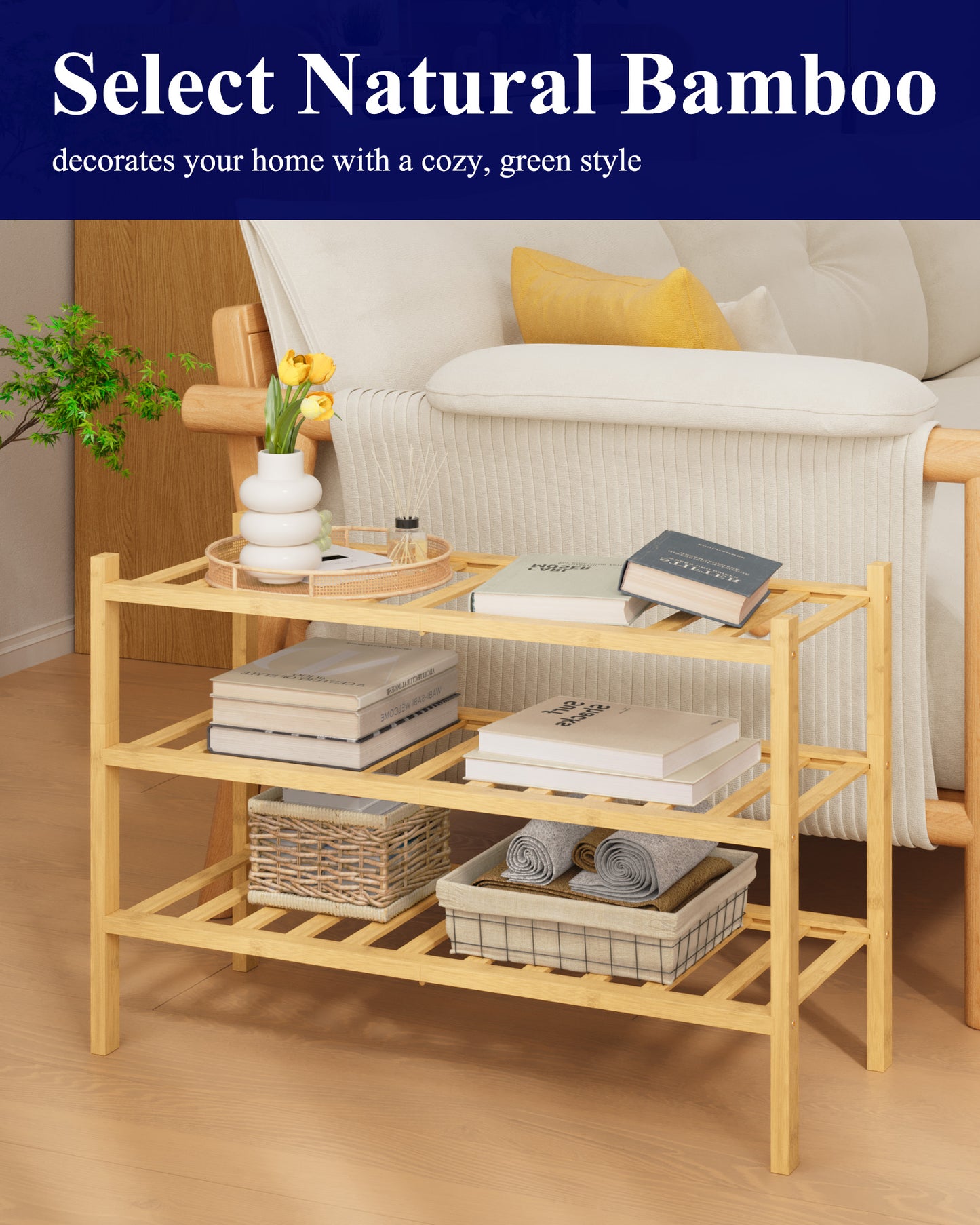 Kitsure Bamboo Wooden Shoe Rack for Closet - Stackable Shoe Organizer with Modular Structure, Space-Saving Shoe Shelf for Entryway, Living Room, Bedroom, 26.9" x 11" x 18.9", Natural