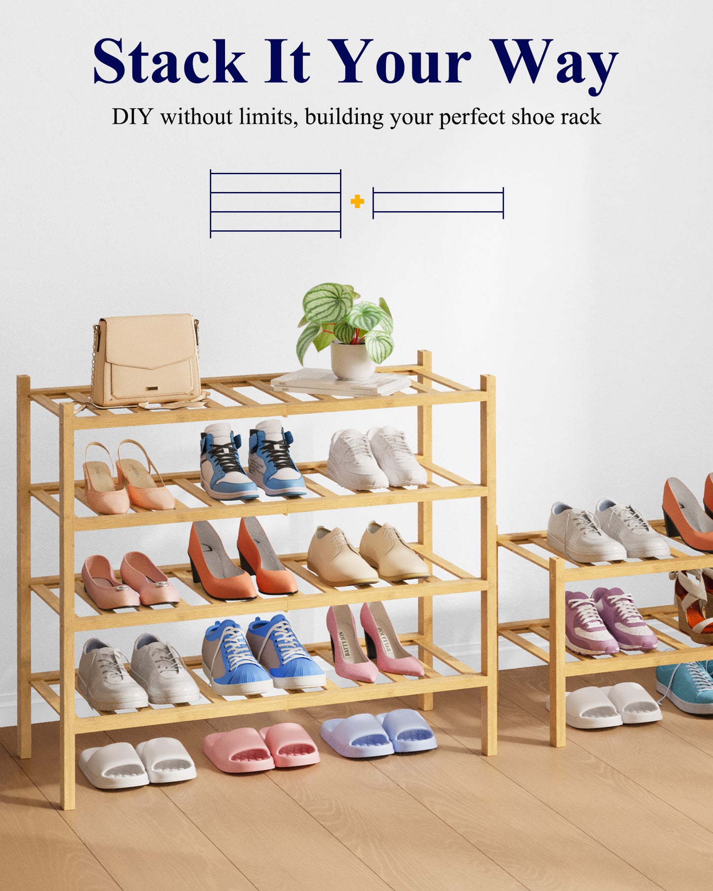 Kitsure Bamboo Wooden Shoe Rack for Closet - Stackable Shoe Organizer with Modular Structure, Space-Saving Shoe Shelf for Entryway, Living Room, Bedroom, 26.9" x 11" x 18.9", Natural