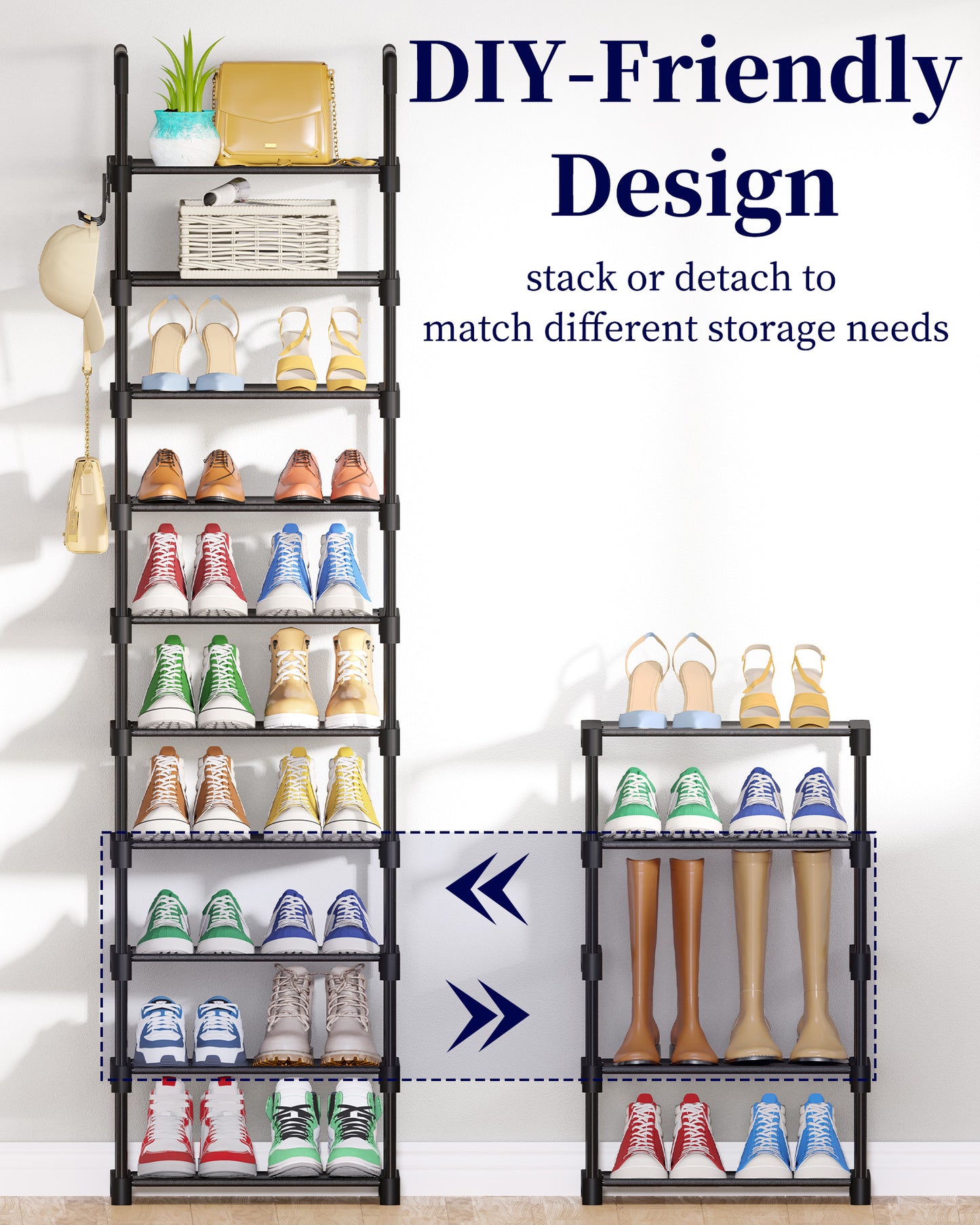 Kitsure Shoe Rack - 10-Tier Shoe Organizer with Detachable Fabric Shelves & Thick Metal Frame, Easy-to-Assemble Tall Shoe Rack for Closet, Entrance, Living Room, 16.9"×11.8"×68.5", Black