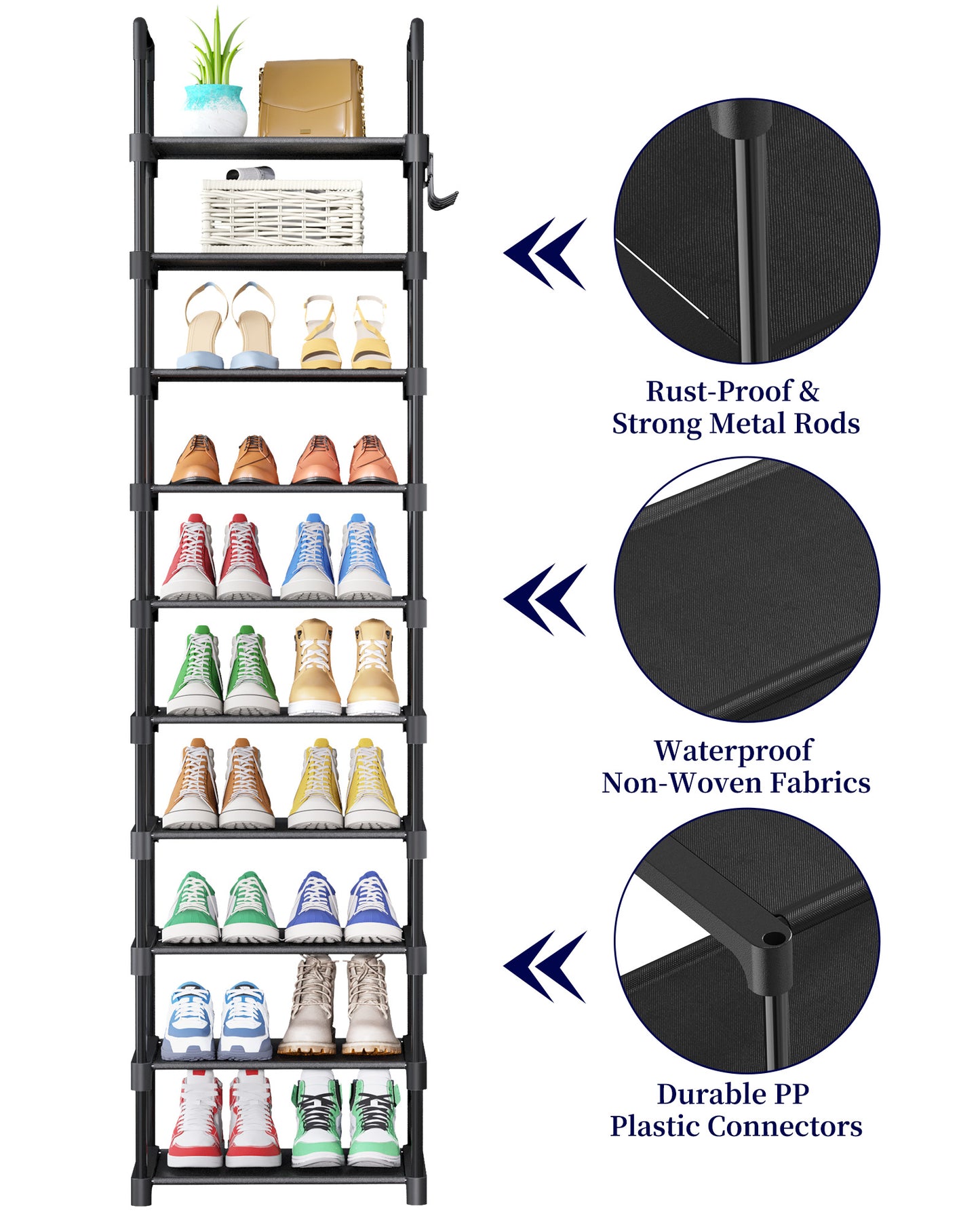 Kitsure Shoe Rack - 10-Tier Shoe Organizer with Detachable Fabric Shelves & Thick Metal Frame, Easy-to-Assemble Tall Shoe Rack for Closet, Entrance, Living Room, 16.9"×11.8"×68.5", Black