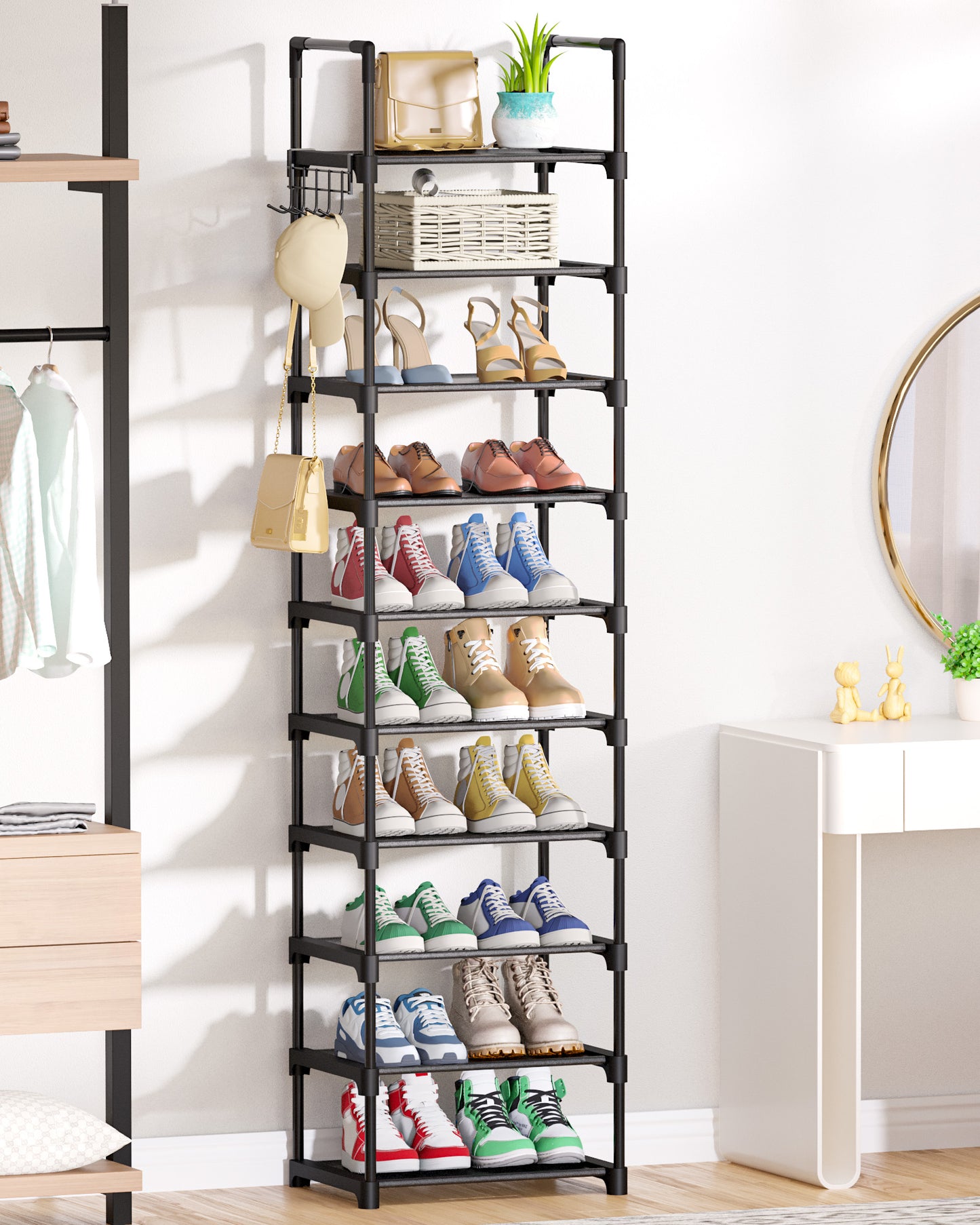 Kitsure Shoe Rack - 10-Tier Shoe Organizer with Detachable Fabric Shelves & Thick Metal Frame, Easy-to-Assemble Tall Shoe Rack for Closet, Entrance, Living Room, 16.9"×11.8"×68.5", Black