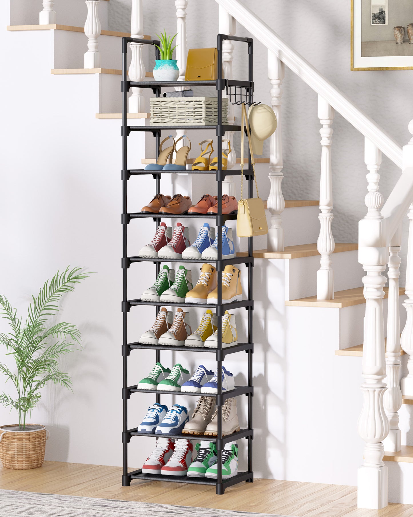 Kitsure Shoe Rack - 10-Tier Shoe Organizer with Detachable Fabric Shelves & Thick Metal Frame, Easy-to-Assemble Tall Shoe Rack for Closet, Entrance, Living Room, 16.9"×11.8"×68.5", Black