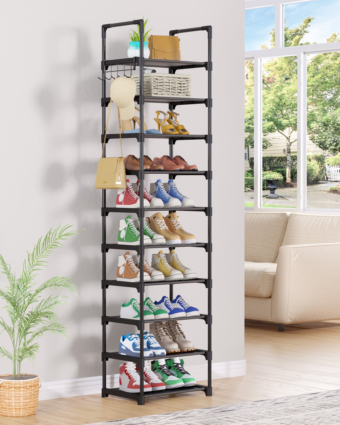 Kitsure Shoe Rack - 10-Tier Shoe Organizer with Detachable Fabric Shelves & Thick Metal Frame, Easy-to-Assemble Tall Shoe Rack for Closet, Entrance, Living Room, 16.9"×11.8"×68.5", Black
