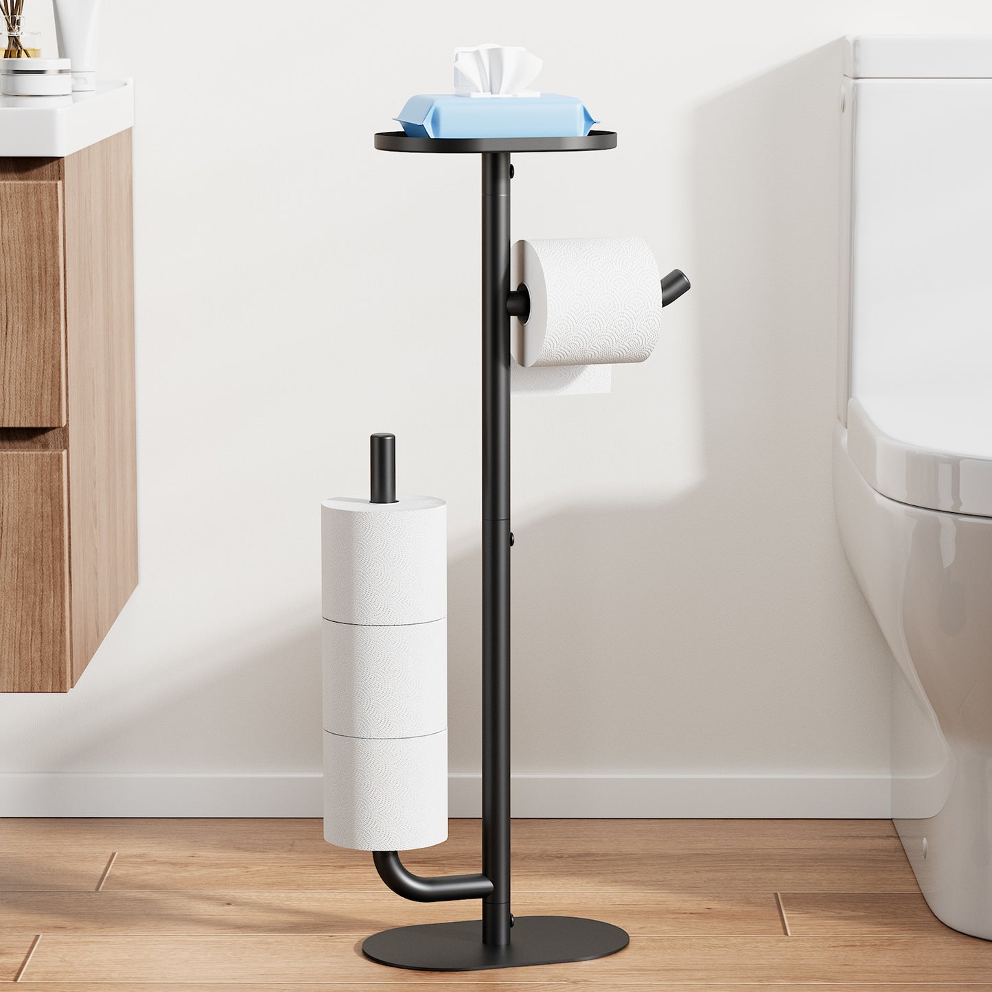 Kitsure Toilet Paper Holder Stand - Spacious Toilet Paper Storage for 4 Rolls, Rustproof Bathroom Organizers and Storage with Shelf for Phone & Small Items, 9.1"×5.8"×27.6" , Black