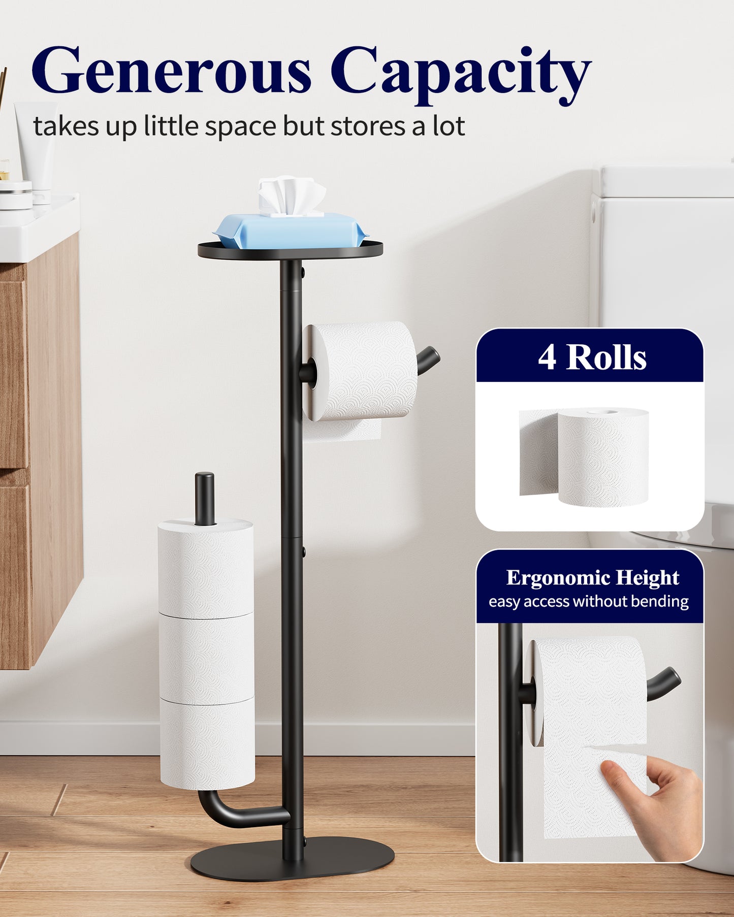 Kitsure Toilet Paper Holder Stand - Spacious Toilet Paper Storage for 4 Rolls, Rustproof Bathroom Organizers and Storage with Shelf for Phone & Small Items, 9.1"×5.8"×27.6" , Black