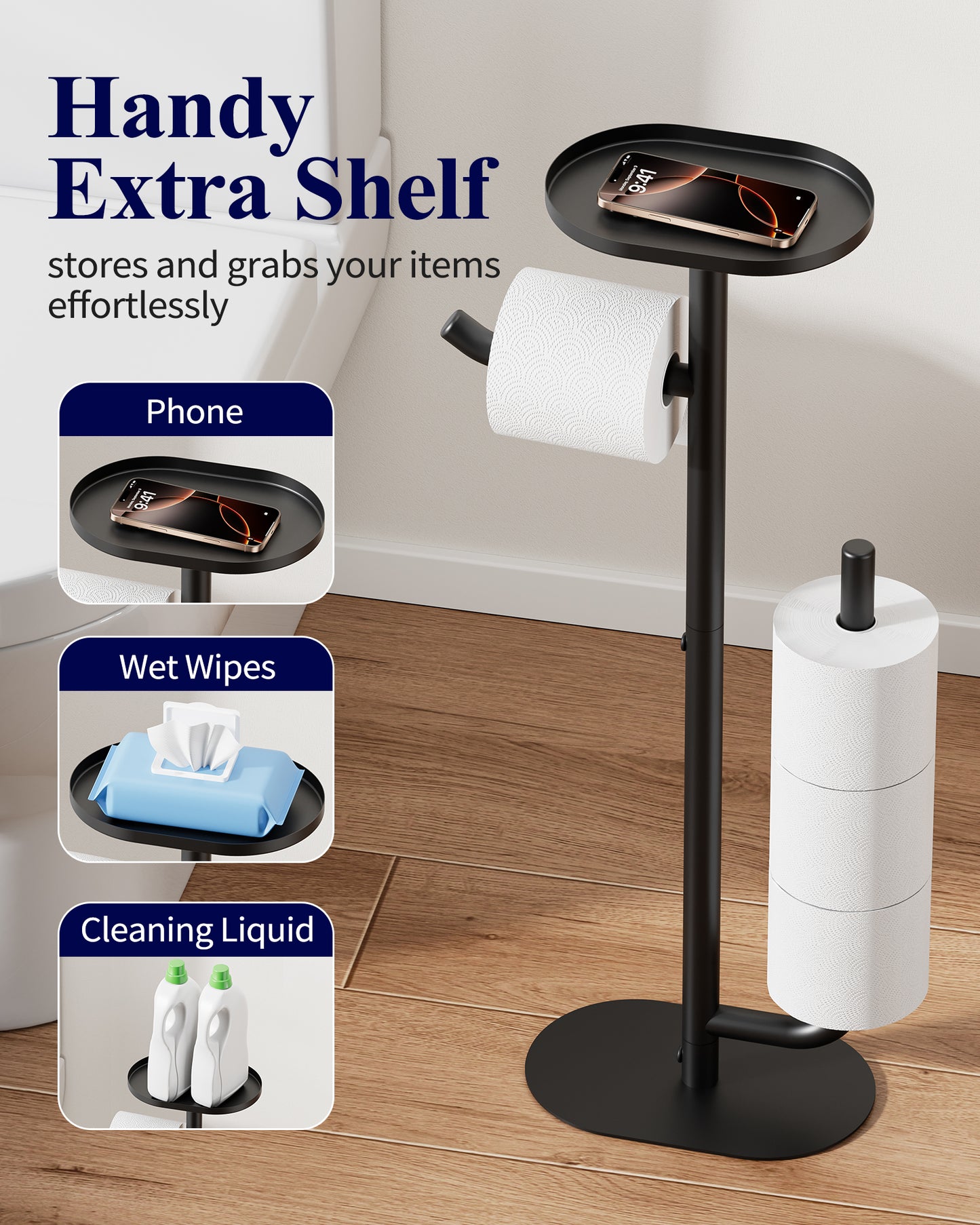 Kitsure Toilet Paper Holder Stand - Spacious Toilet Paper Storage for 4 Rolls, Rustproof Bathroom Organizers and Storage with Shelf for Phone & Small Items, 9.1"×5.8"×27.6" , Black