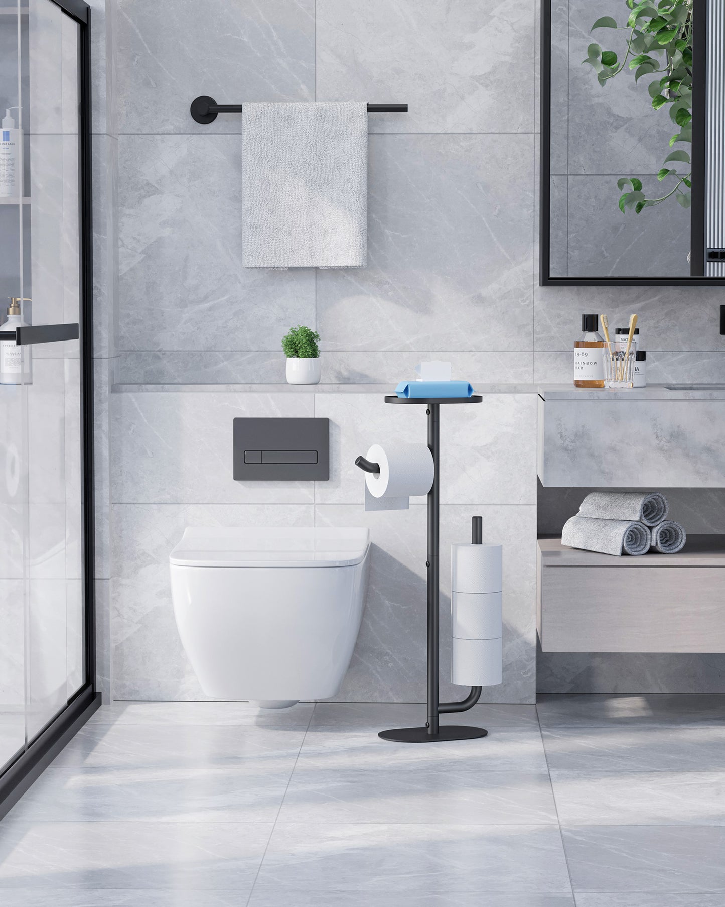 Kitsure Toilet Paper Holder Stand - Spacious Toilet Paper Storage for 4 Rolls, Rustproof Bathroom Organizers and Storage with Shelf for Phone & Small Items, 9.1"×5.8"×27.6" , Black