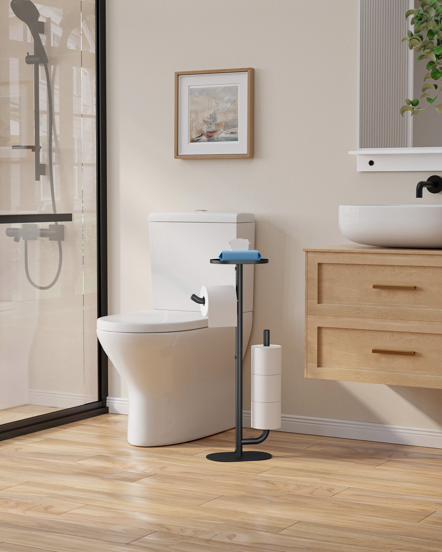Kitsure Toilet Paper Holder Stand - Spacious Toilet Paper Storage for 4 Rolls, Rustproof Bathroom Organizers and Storage with Shelf for Phone & Small Items, 9.1"×5.8"×27.6" , Black