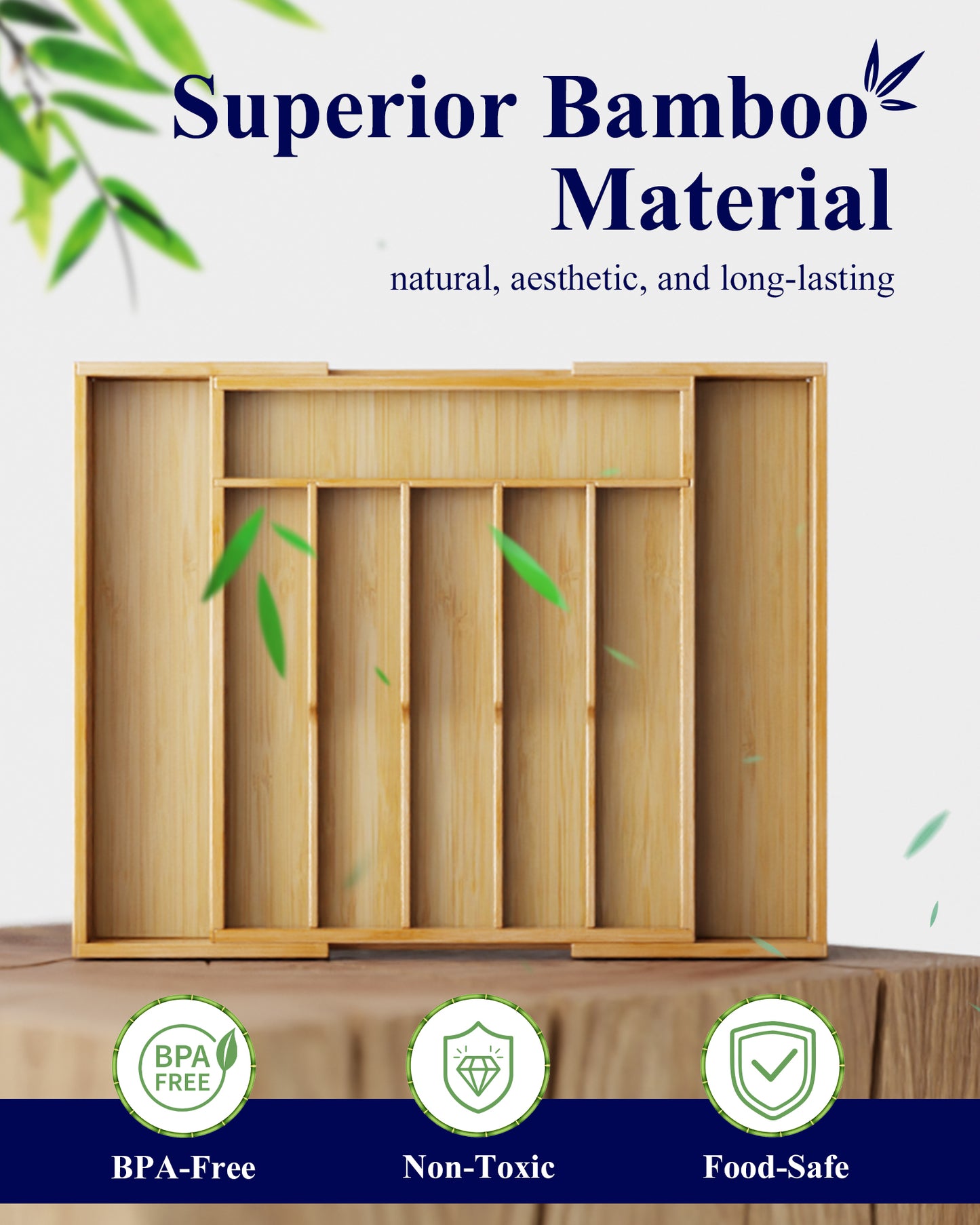 Kitsure Silverware Organizer - Expandable Bamboo Kitchen Drawer Organizer for Cooking Utensils and Cutlery, Sturdy & Thickened Kitchen Organizers and Storage Solution, 18.5"×13.3"×1.8"