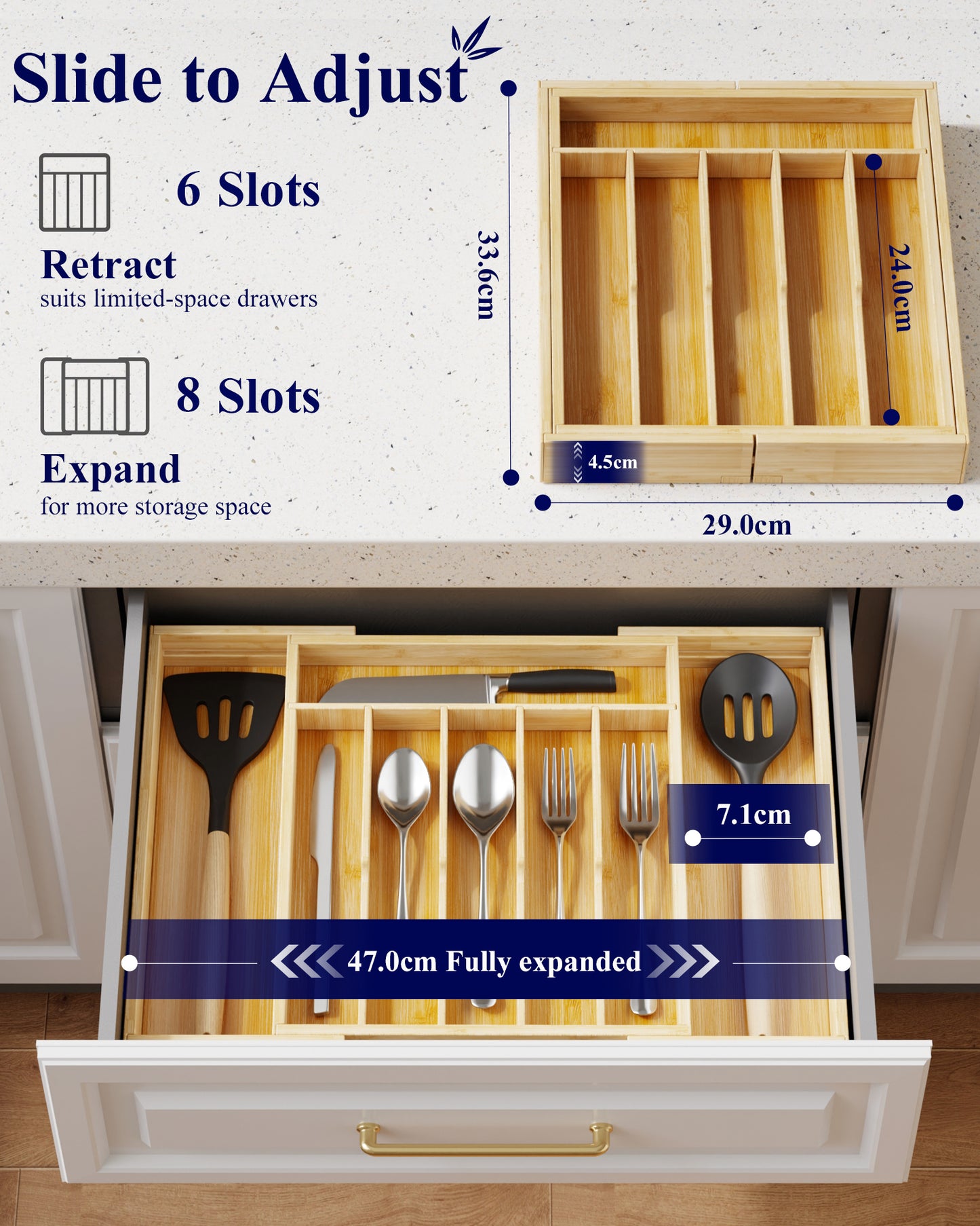 Kitsure Silverware Organizer - Expandable Bamboo Kitchen Drawer Organizer for Cooking Utensils and Cutlery, Sturdy & Thickened Kitchen Organizers and Storage Solution, 18.5"×13.3"×1.8"