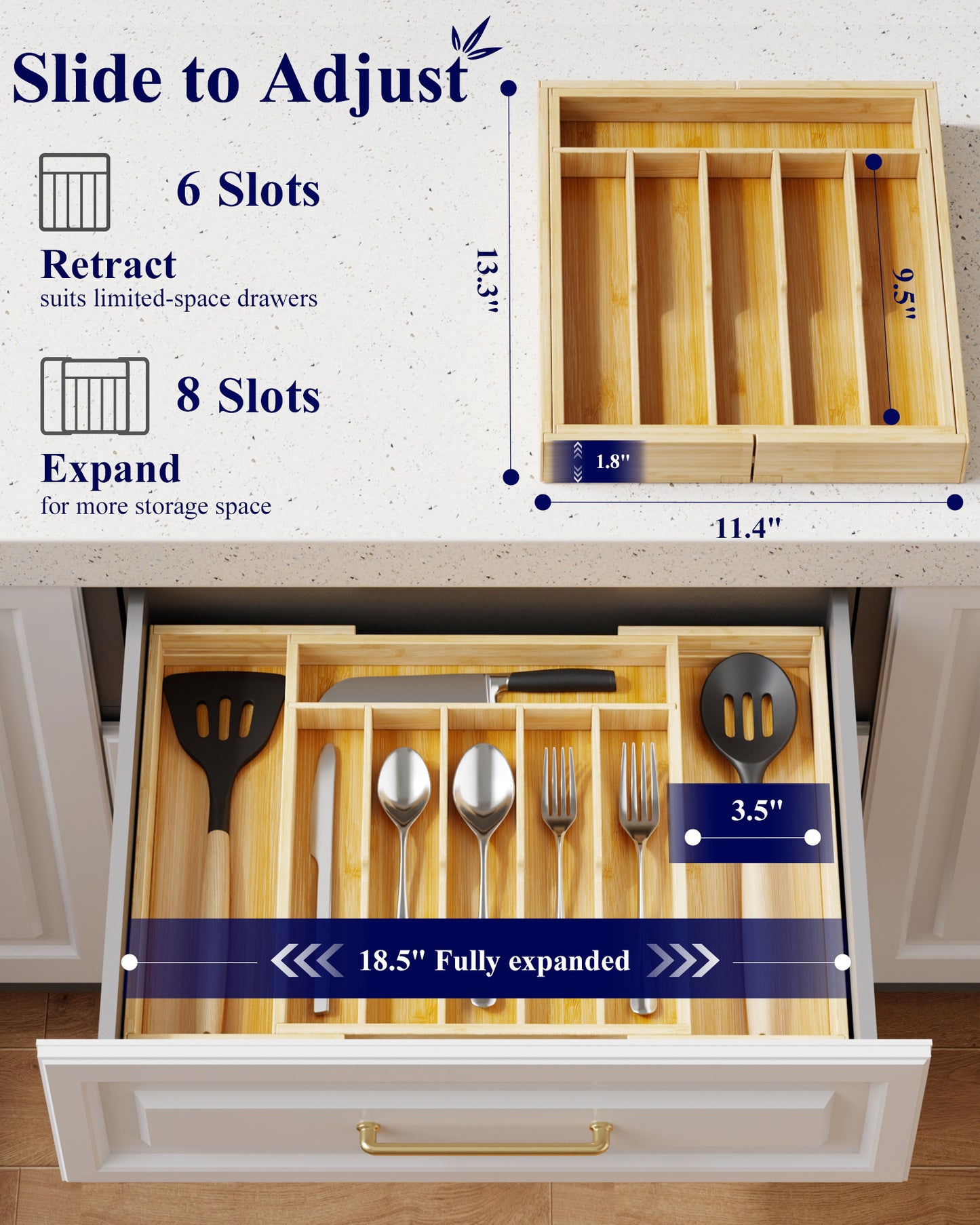 Kitsure Silverware Organizer - Expandable Bamboo Kitchen Drawer Organizer for Cooking Utensils and Cutlery, Sturdy & Thickened Kitchen Organizers and Storage Solution, 18.5"×13.3"×1.8"