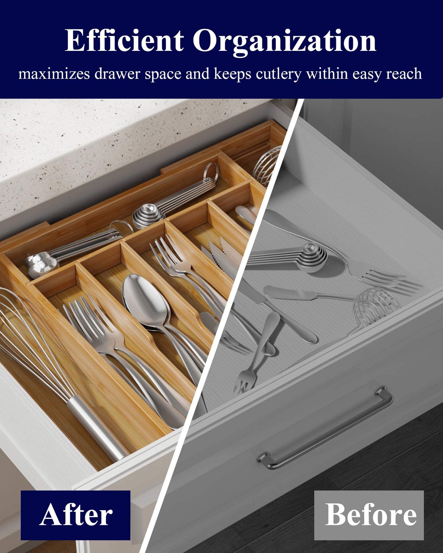 Kitsure Silverware Organizer - Expandable Bamboo Kitchen Drawer Organizer for Cooking Utensils and Cutlery, Sturdy & Thickened Kitchen Organizers and Storage Solution, 18.5"×13.3"×1.8"