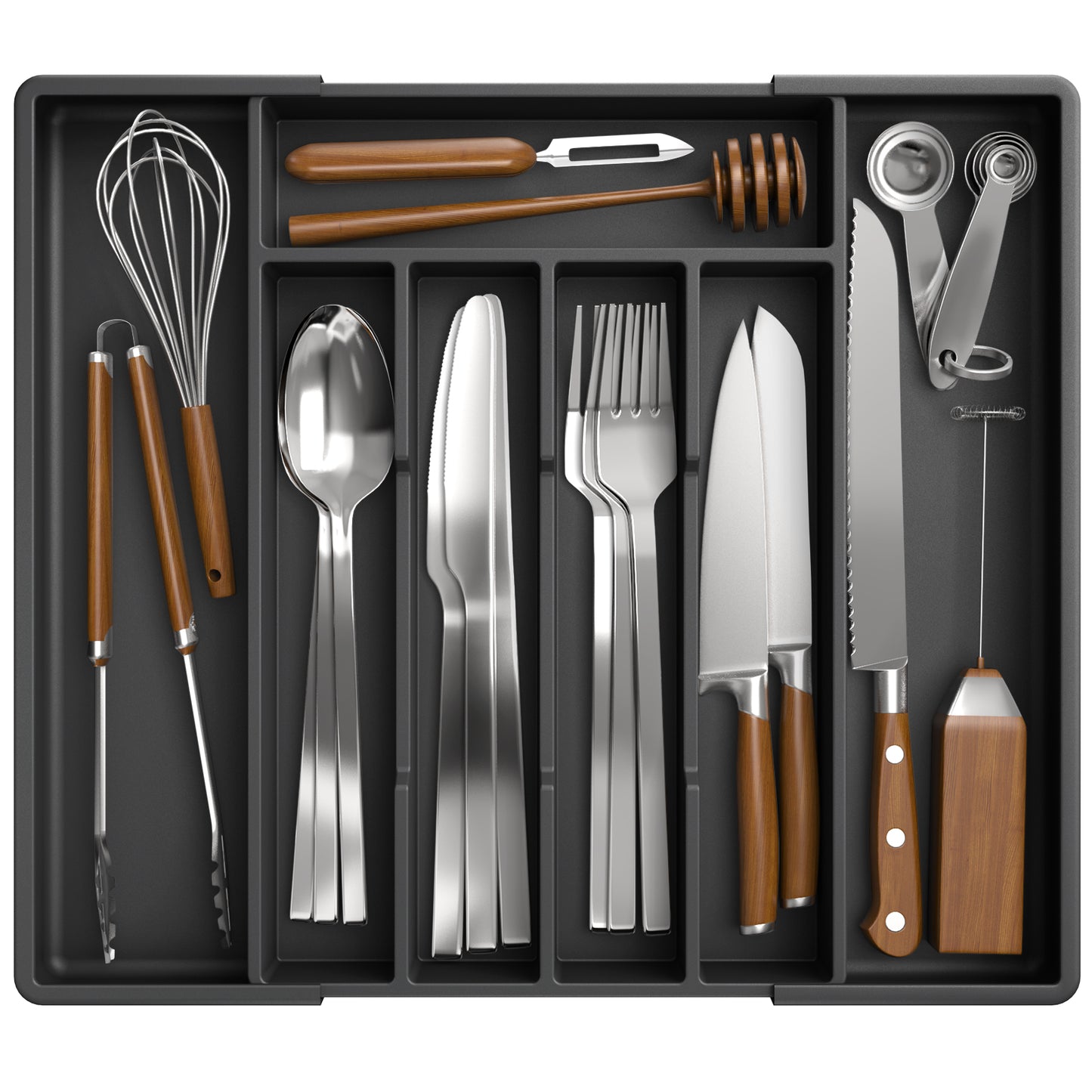 Kitsure Silverware Organizer for Drawers - Expandable Cutlery and Utensil Drawer Organizer with Easy Maintenance, Premium PP Kitchen Organizers and Storage for Flatware, Black, 13.2" x 12.2" x 1.6"