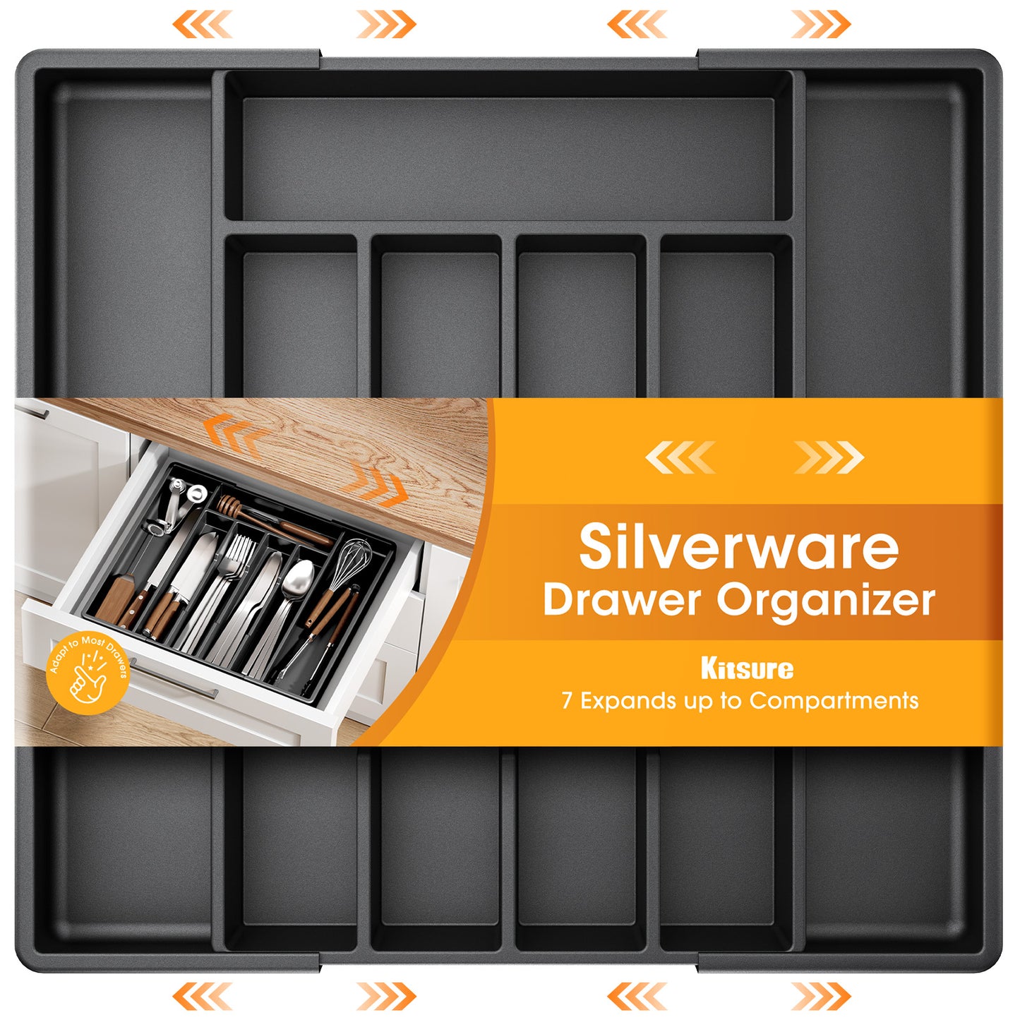 Kitsure Silverware Organizer for Drawers - Expandable Cutlery and Utensil Drawer Organizer with Easy Maintenance, Premium PP Kitchen Organizers and Storage for Flatware, Black, 13.2" x 12.2" x 1.6"