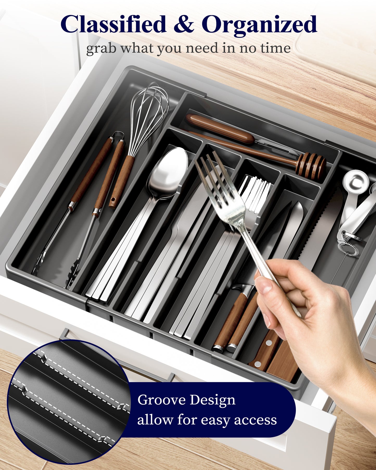 Kitsure Silverware Organizer for Drawers - Expandable Cutlery and Utensil Drawer Organizer with Easy Maintenance, Premium PP Kitchen Organizers and Storage for Flatware, Black, 13.2" x 12.2" x 1.6"