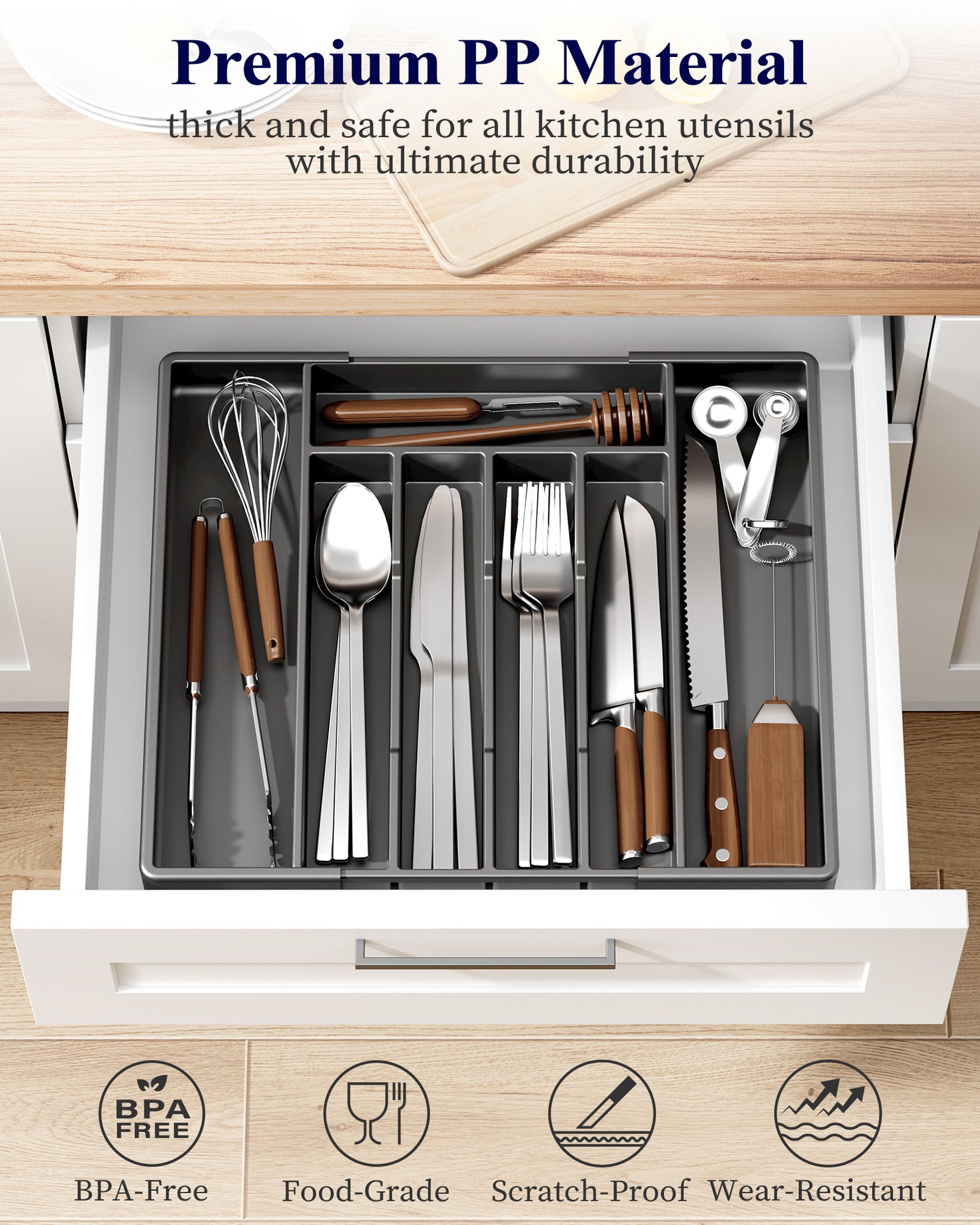 Kitsure Silverware Organizer for Drawers - Expandable Cutlery and Utensil Drawer Organizer with Easy Maintenance, Premium PP Kitchen Organizers and Storage for Flatware, Black, 13.2" x 12.2" x 1.6"