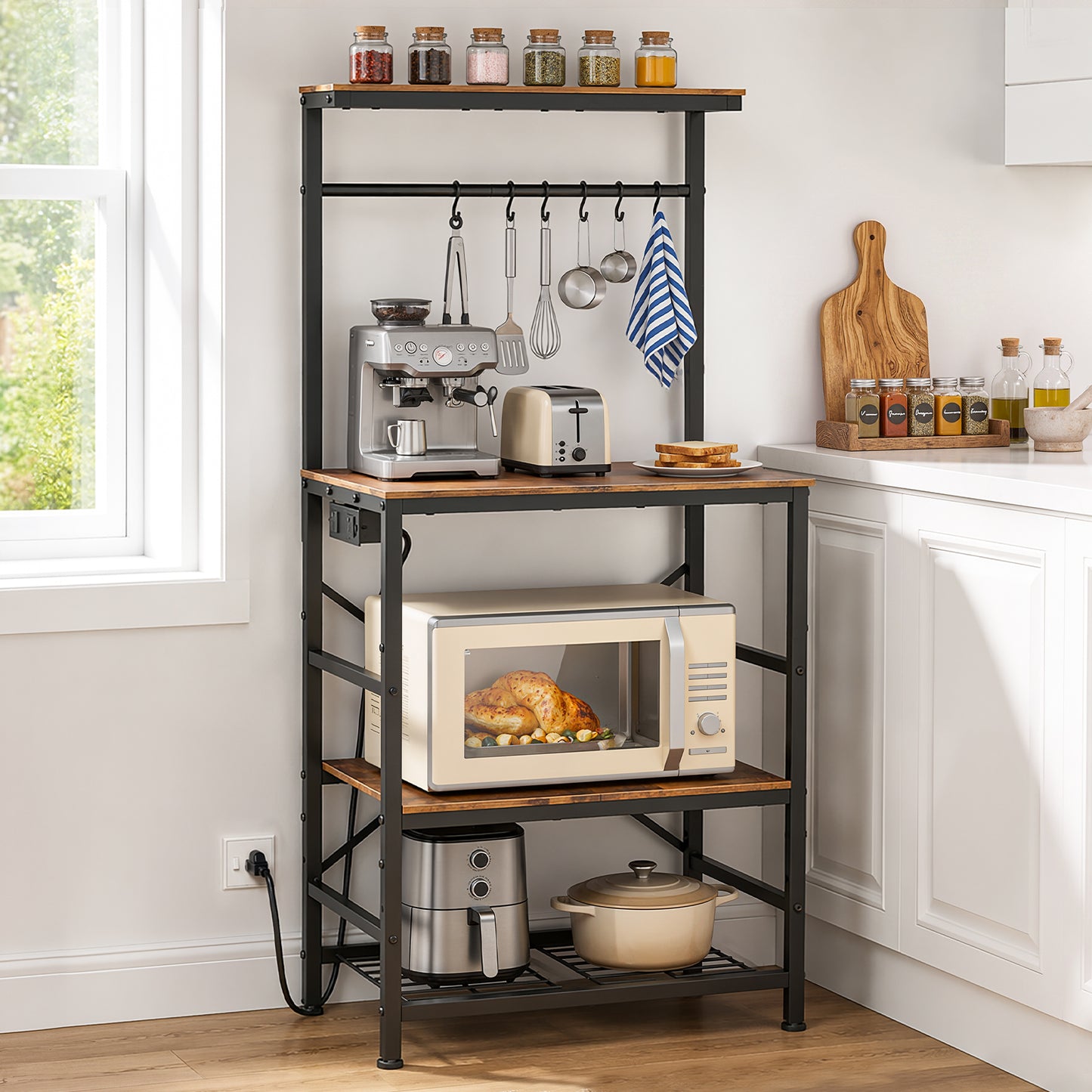 Kitsure Coffee Bar with Storage, 4-Tier Bakers Rack with Built-In Power Outlet, Adjustable Shelf, 21.7" x 15.3" x 49.2", Brown