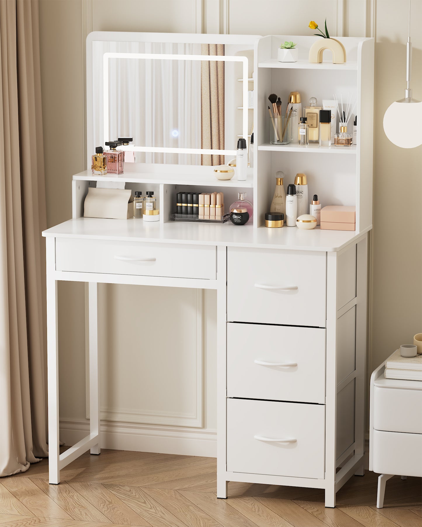 Kitsure Makeup Vanity with Mirror and Lights, White Vanity Desk with Drawers & Shelves, Versatile Small Vanity for Bedroom, 35.4" x 17.7" x 52.4"