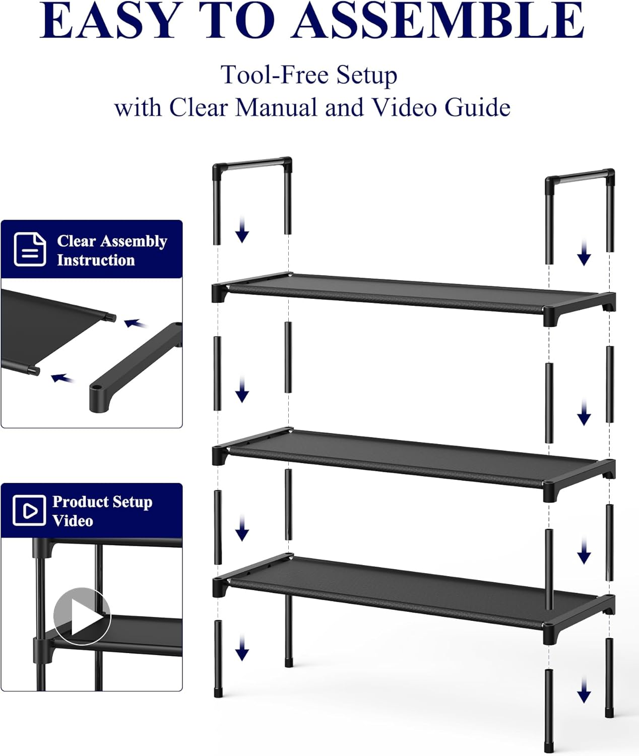 Kitsure Shoe Rack - 3-Tier Shoe Organizer, Shoe Rack for Closet, Entryway, Bedroom, Easy- Assembly Storage Shelf with Side Handles, 27.6" Wide - 3 Tiers, Black