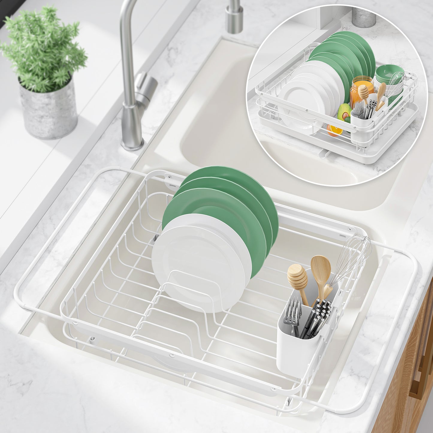 Kitsure Dish Drying Rack- Space-Saving Dish Rack, Dish Racks for Kitchen Counter and Sink, Stainless Steel Kitchen Drying Rack with a Cutlery Holder,12''W x 14''~23''L（4003）