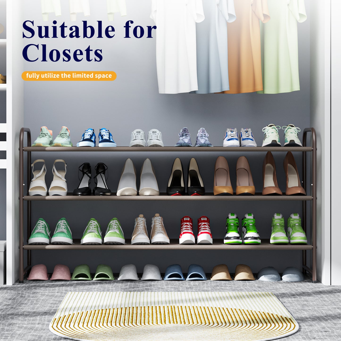 Kitsure Shoe Rack for Entryway - Sturdy & Durable Long Stackable Shoe Organizer for Closet, 3-Tier Space-Saving Metal Shoe Shelf for up to 24 Pairs, for Garage & Corridor(4032)