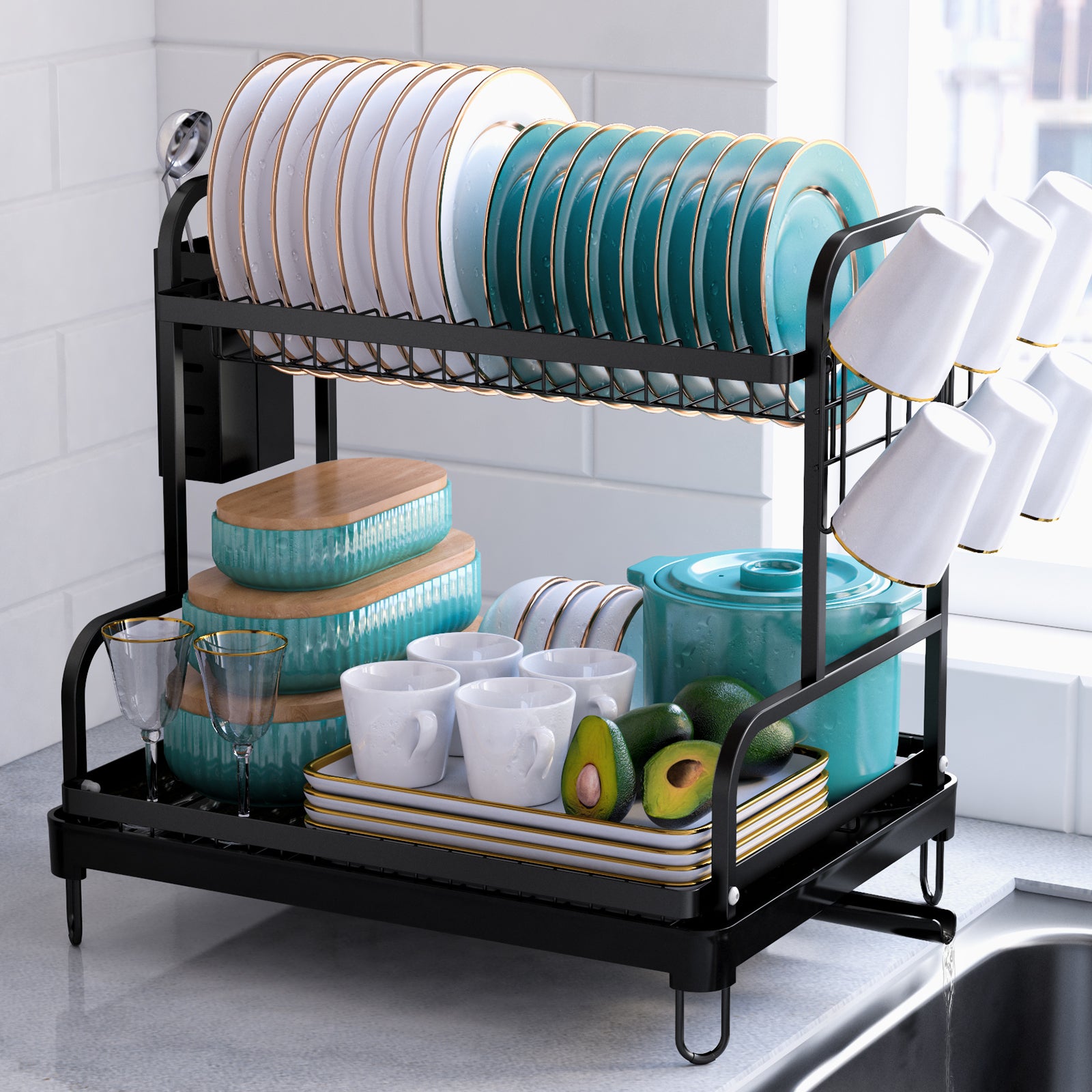2-tier Dish Drying Rack With Drainboard Set, Over The Sink Dish Rack For  Kitchen Counter With Bowl Rack And Cup Rack, Space Saving Kitchen  Accessories For Dishes, Knives, Spoons, And Forks, Kitchen