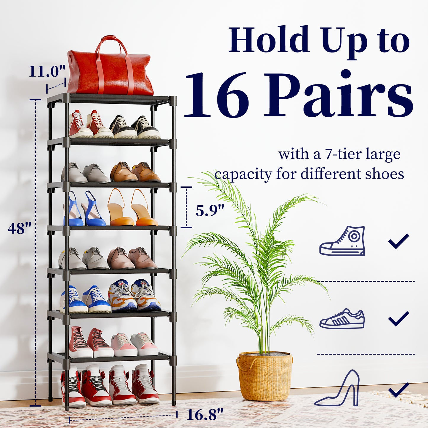 Kitsure Shoe Rack for Closet, Stackable Shoe Organizer, with Non-Woven Fabric, XX-Large, Black