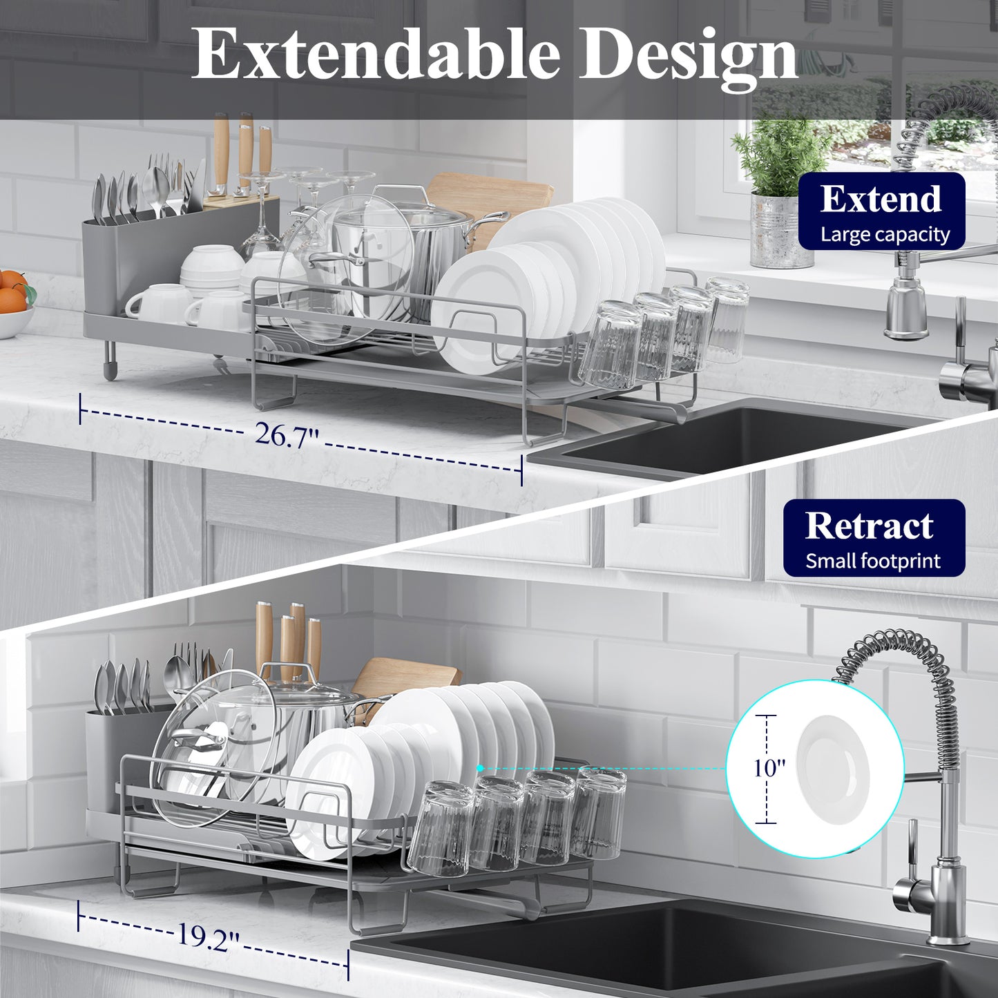 Kitsure Large Dish Drying Rack - Extendable Dish Rack, Multifunctional Dish Rack for Kitchen Counter, Anti-Rust Dish Drainers with Cutlery & Cup Holders 19.2"-26.7" L x 12.9" W, Grey