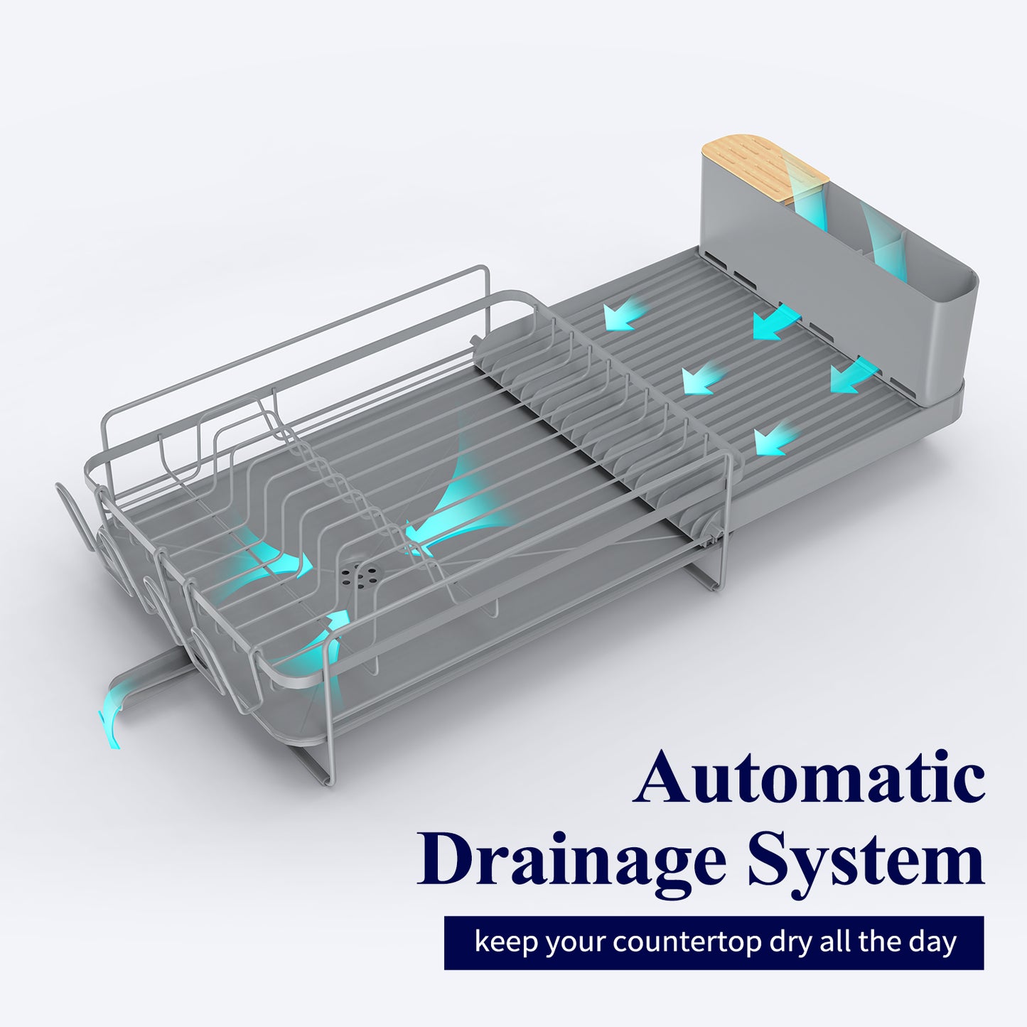 Kitsure Large Dish Drying Rack - Extendable Dish Rack, Multifunctional Dish Rack for Kitchen Counter, Anti-Rust Dish Drainers with Cutlery & Cup Holders 19.2"-26.7" L x 12.9" W, Grey