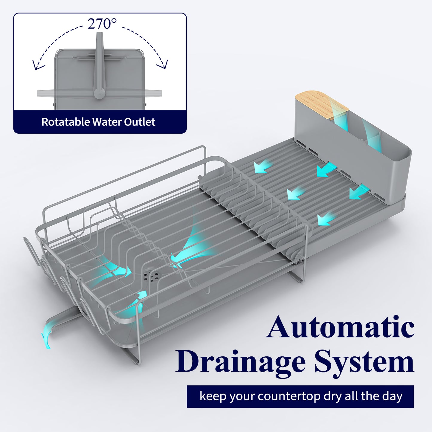 Kitsure Large Dish Drying Rack - Extendable Dish Rack, Multifunctional Dish Rack for Kitchen Counter, Anti-Rust Dish Drainers with Cutlery & Cup Holders 19.2"-26.7" L x 12.9" W, Grey