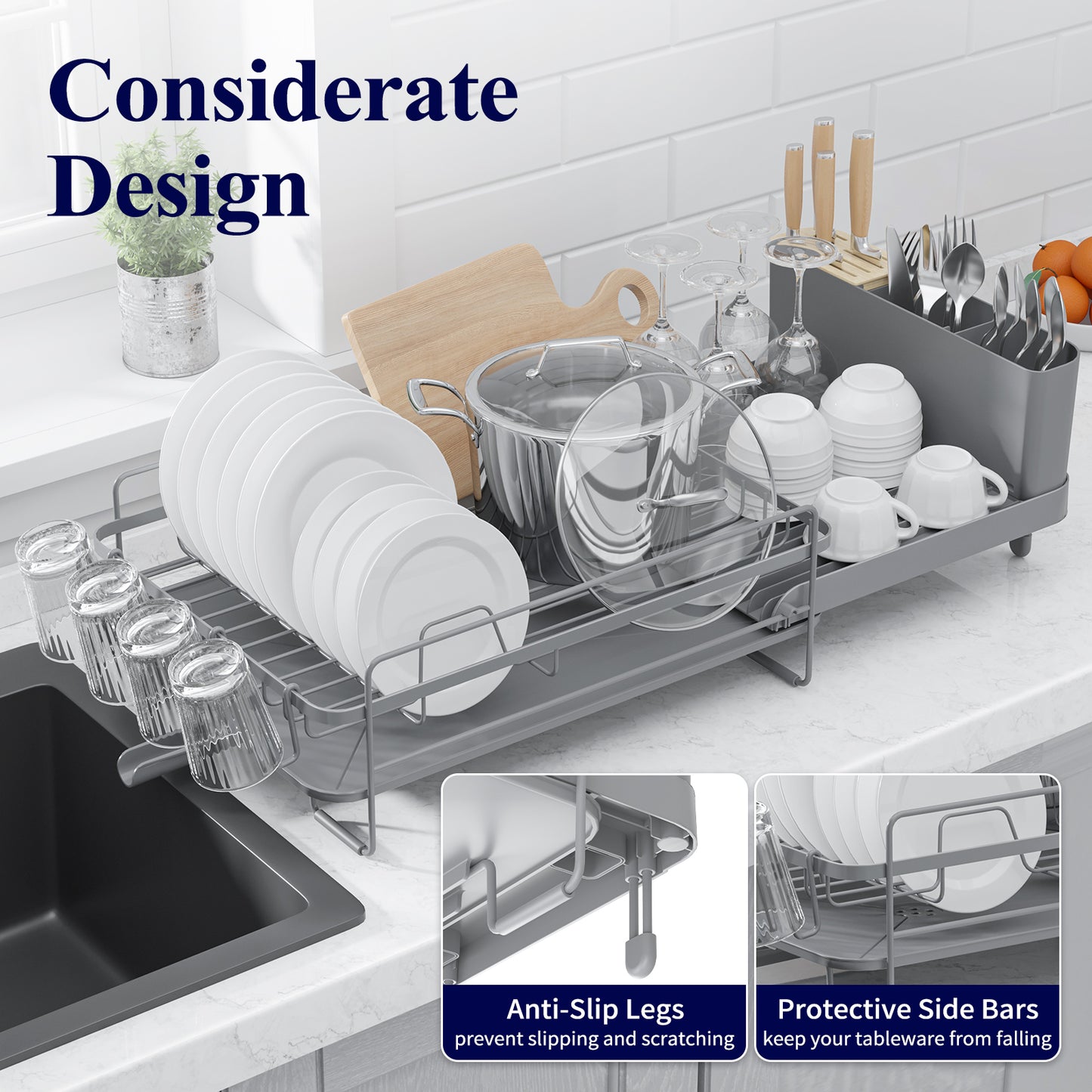 Kitsure Large Dish Drying Rack - Extendable Dish Rack, Multifunctional Dish Rack for Kitchen Counter, Anti-Rust Dish Drainers with Cutlery & Cup Holders 19.2"-26.7" L x 12.9" W, Grey