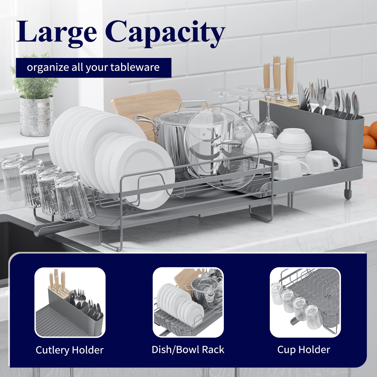 Kitsure Large Dish Drying Rack - Extendable Dish Rack, Multifunctional Dish Rack for Kitchen Counter, Anti-Rust Dish Drainers with Cutlery & Cup Holders 19.2"-26.7" L x 12.9" W, Grey