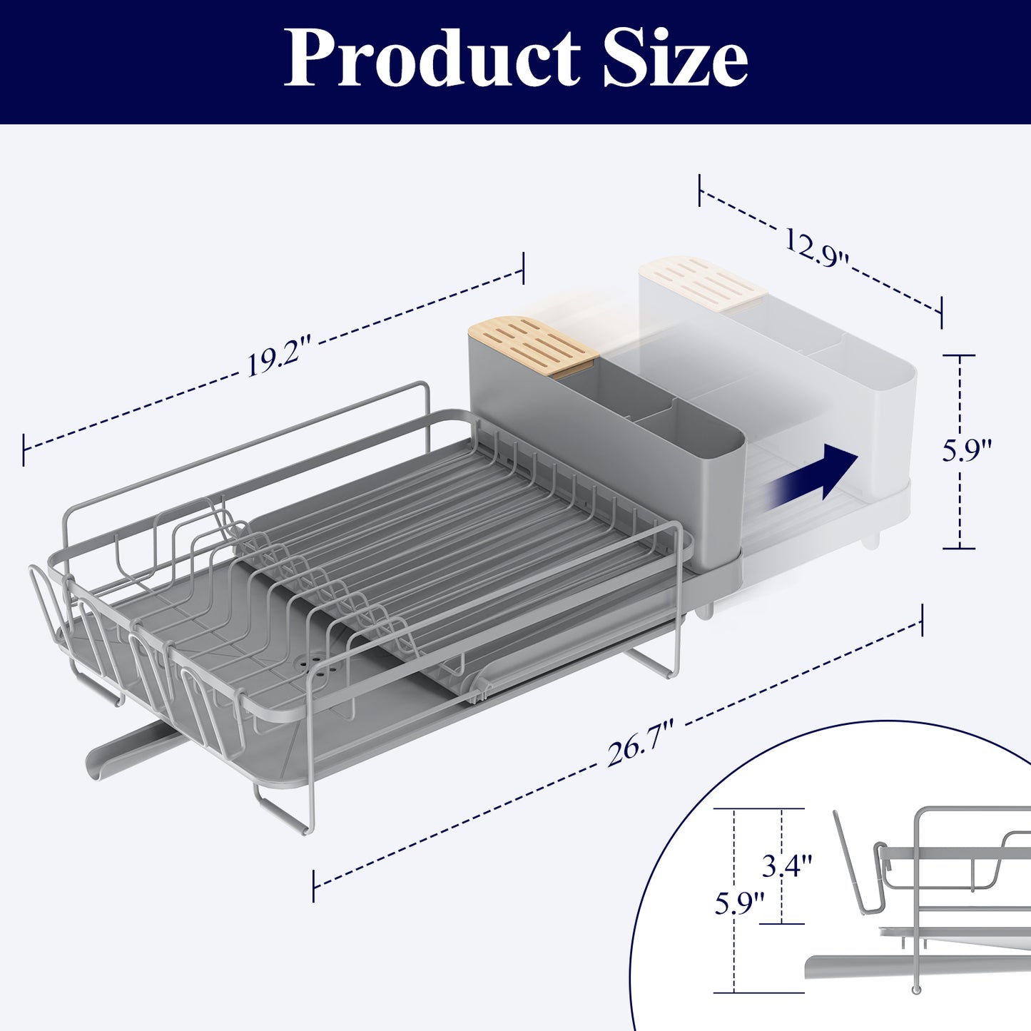 Kitsure Large Dish Drying Rack - Extendable Dish Rack, Multifunctional Dish Rack for Kitchen Counter, Anti-Rust Dish Drainers with Cutlery & Cup Holders 19.2"-26.7" L x 12.9" W, Grey