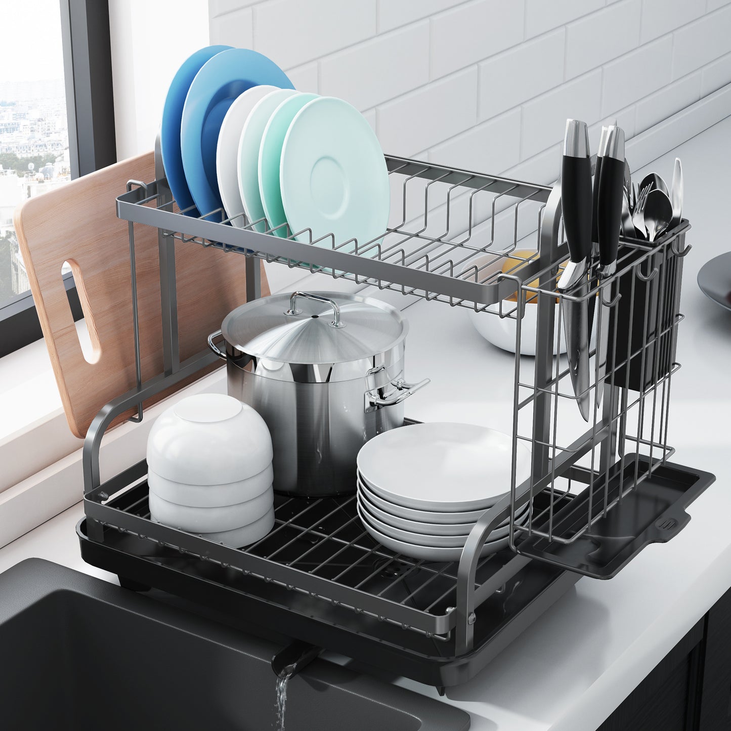 Kitsure Dish Drying Rack, Multifunctional Dish Rack, Rustproof Kitchen Dish Drying Rack with Drainboard, Space-Saving 2-Tier Dish Drying Rack for Kitchen Counter (464)