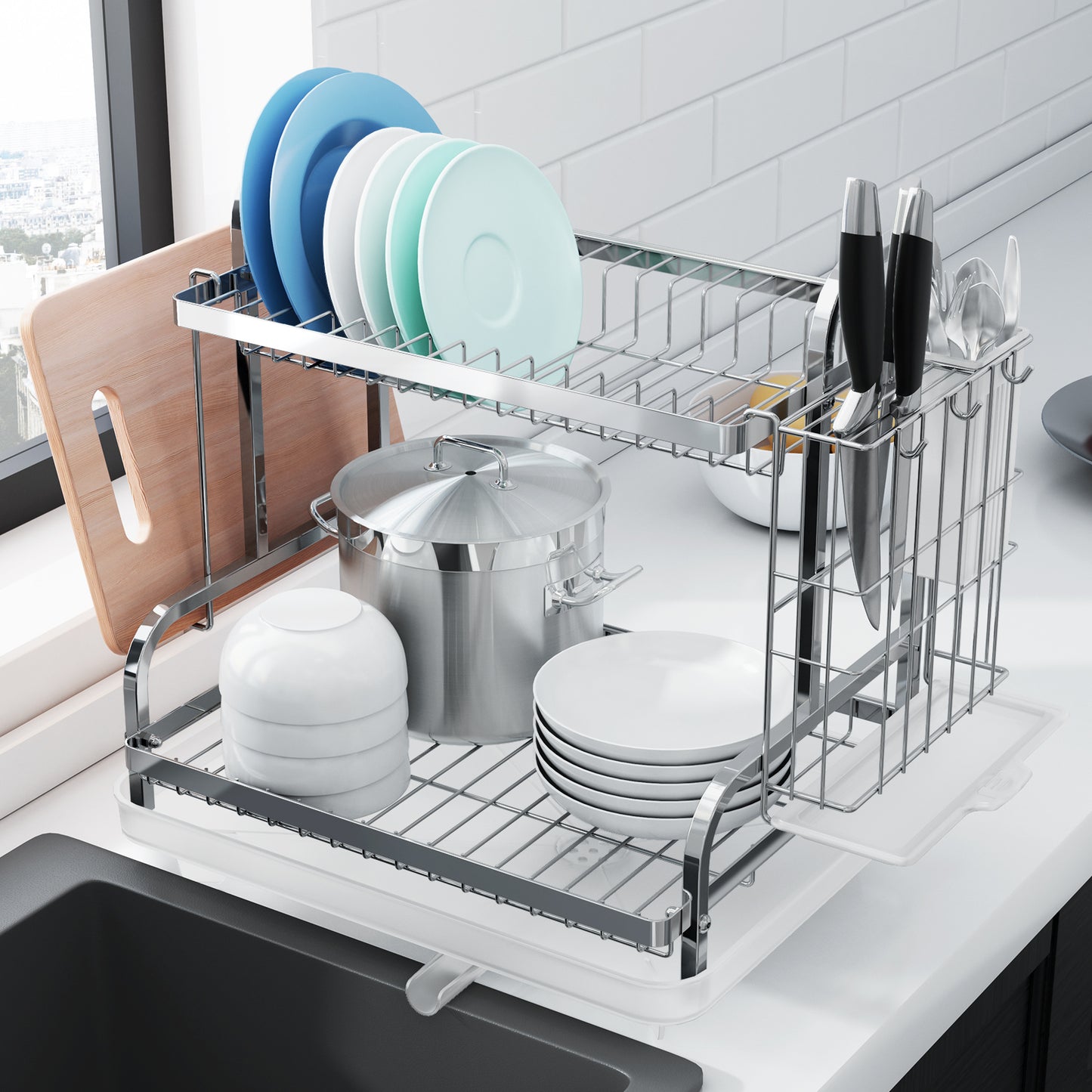 Kitsure Dish Drying Rack, Multifunctional Dish Rack, Rustproof Kitchen Dish Drying Rack with Drainboard, Space-Saving 2-Tier Dish Drying Rack for Kitchen Counter (464)