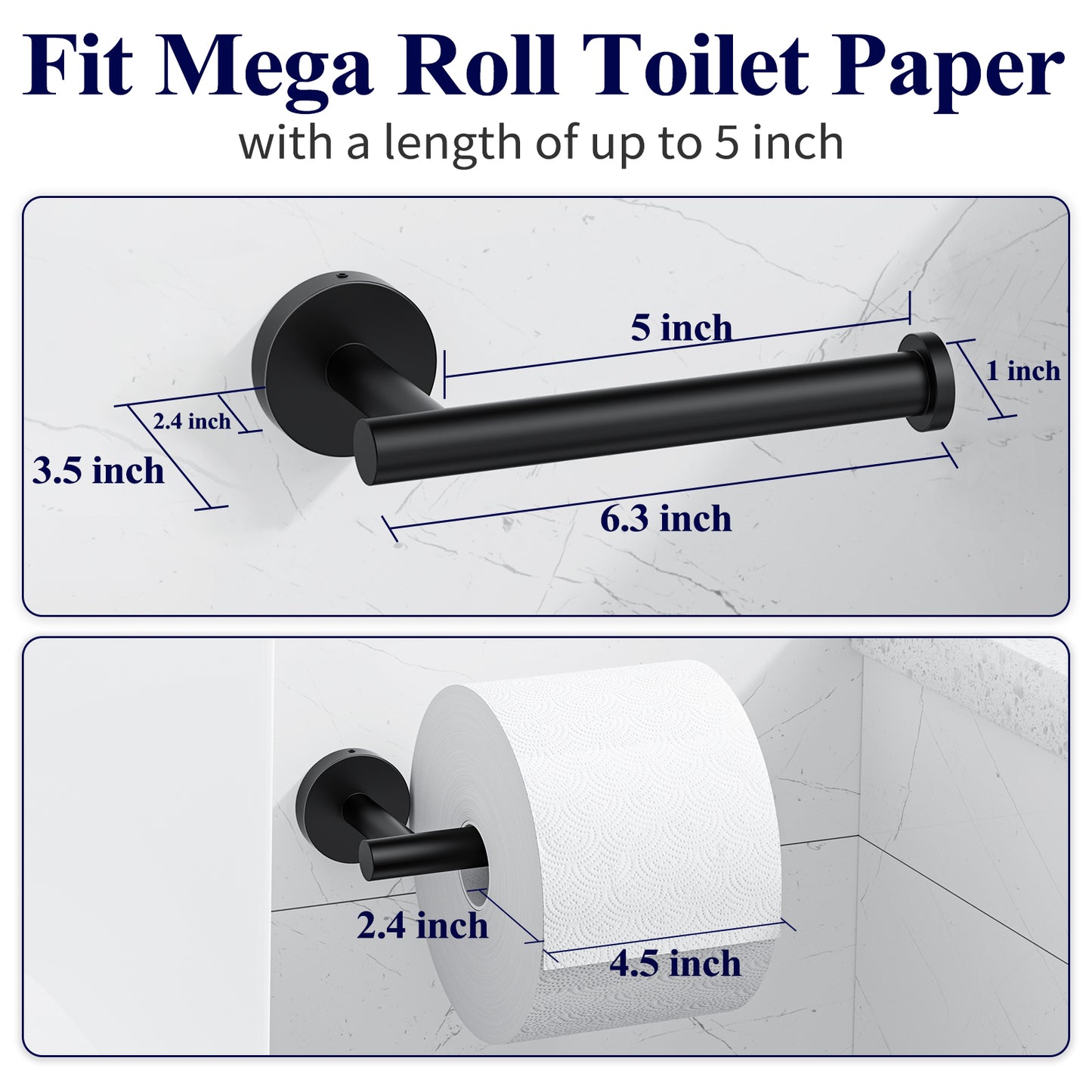Kitsure Toilet Paper Holder Wall Mount - Sturdy Round Matte Black Toilet Paper Holder for Mega Roll, Premium 304 Stainless Steel Toilet Paper Roll Holder for Bathroom, Washroom(469)
