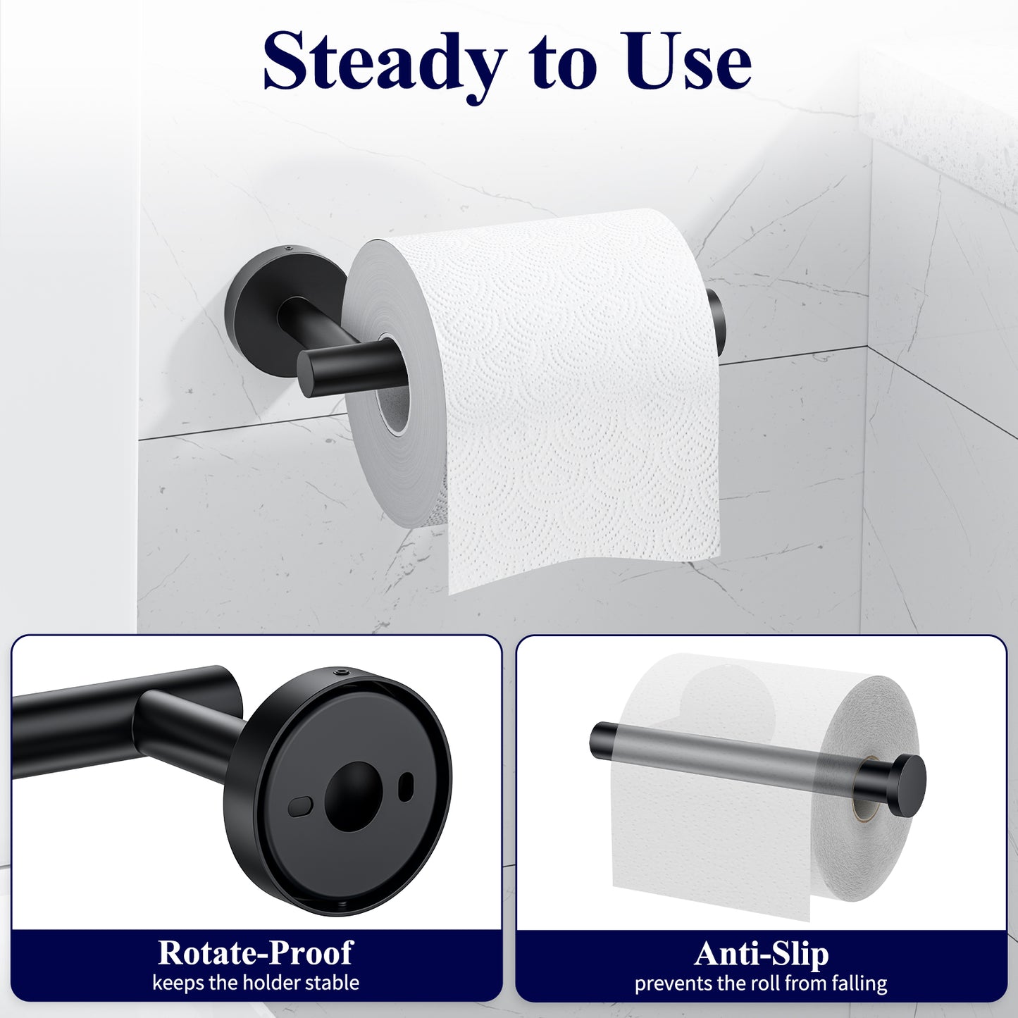 Kitsure Toilet Paper Holder Wall Mount - Sturdy Round Matte Black Toilet Paper Holder for Mega Roll, Premium 304 Stainless Steel Toilet Paper Roll Holder for Bathroom, Washroom(469)