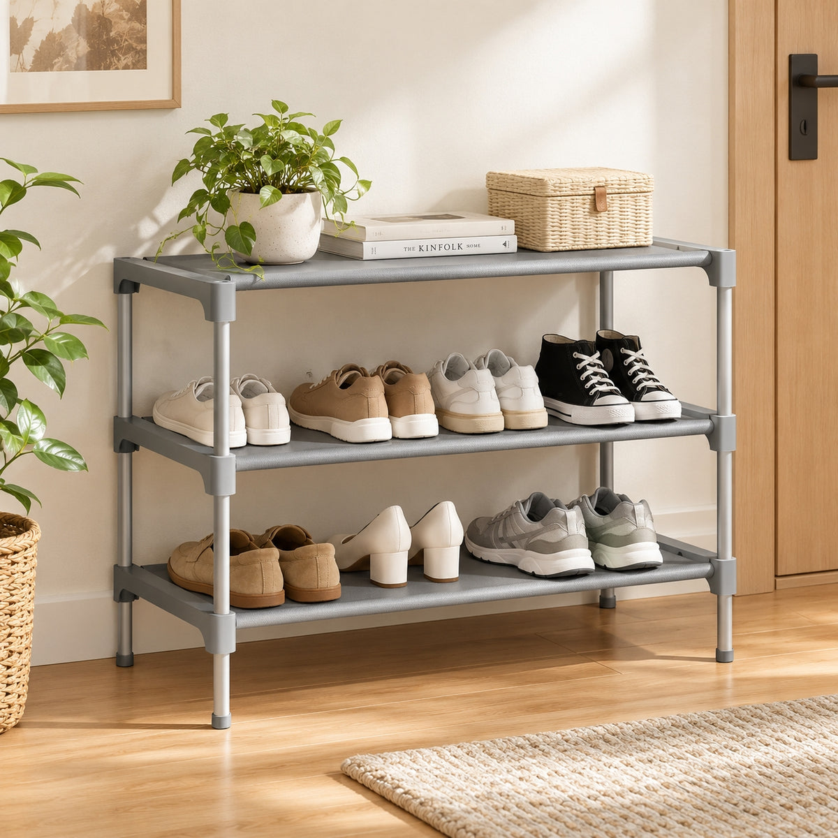 Kitsure 3-Tier Shoe Rack, Shoe Organizer for Closet, Entryway, Garage or Hallway, 11.5" x 27.2" x 18.3", Gray