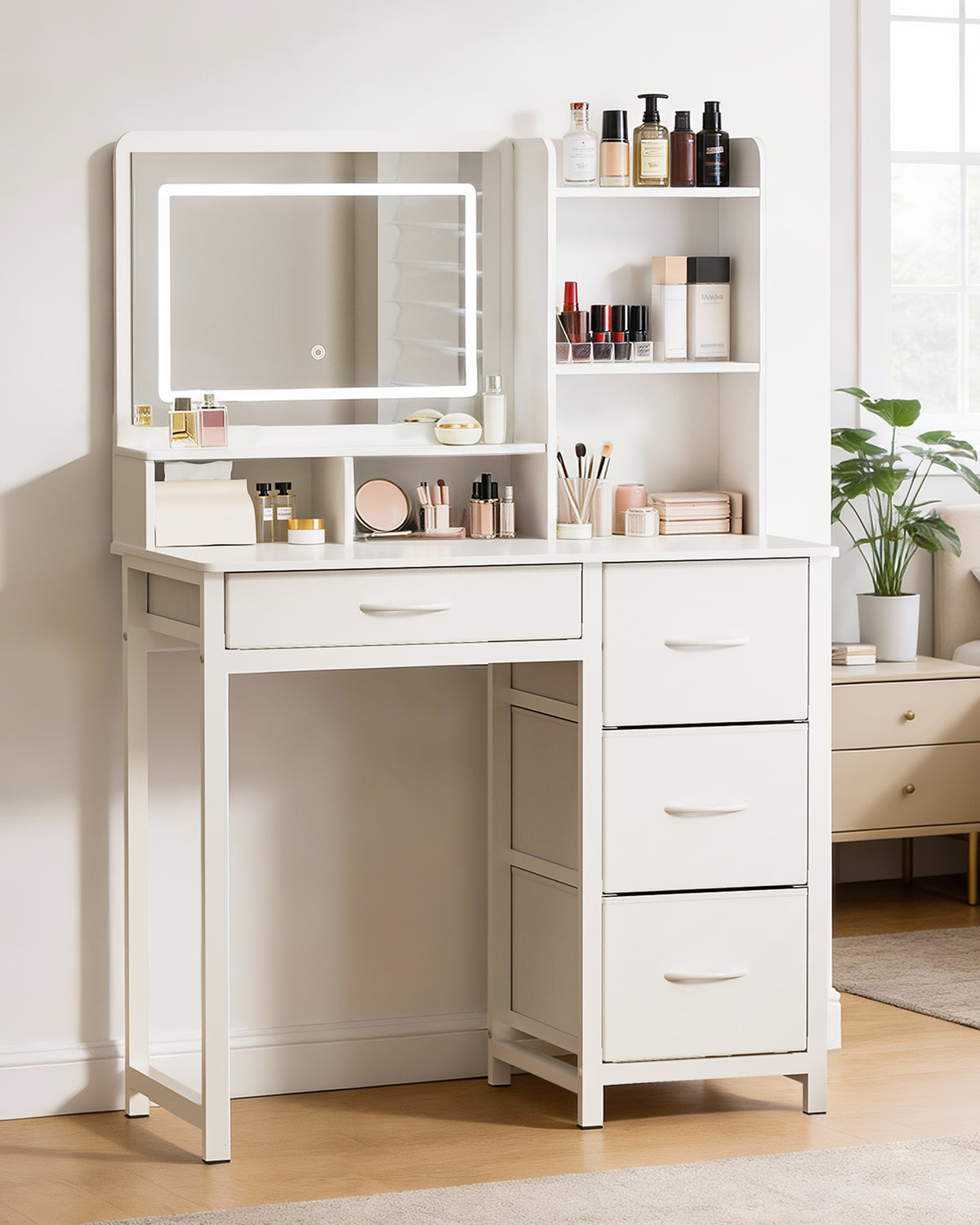 Kitsure Makeup Vanity with Mirror and Lights, White Vanity Desk with Drawers & Shelves, Versatile Small Vanity for Bedroom, 35.4" x 17.7" x 52.4"